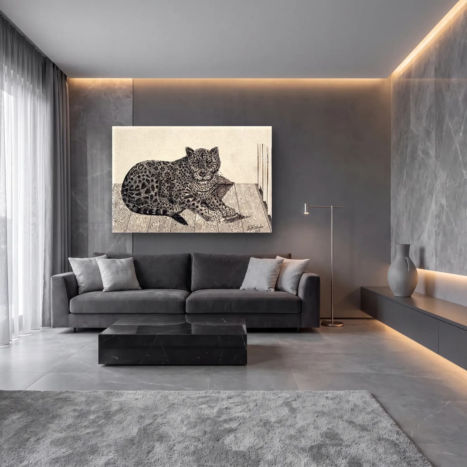Japon Baskı Leopar cam tablo — lüks salon duvarında