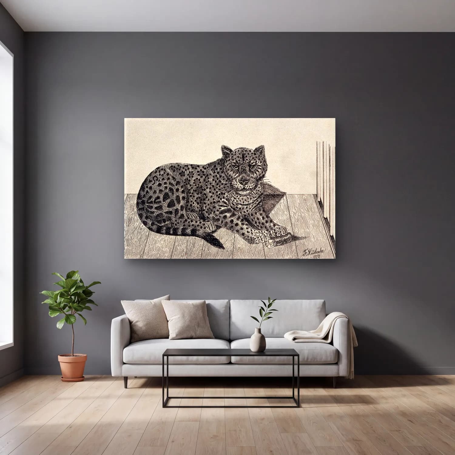 Japon Baskı Leopar cam tablo — gri duvarlı salonda