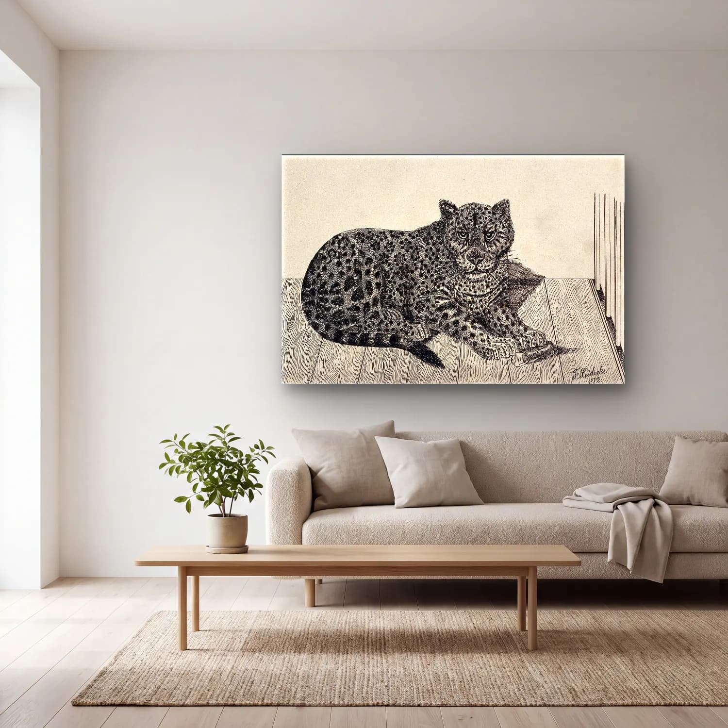 Japon Baskı Leopar cam tablo — açık renk salonda