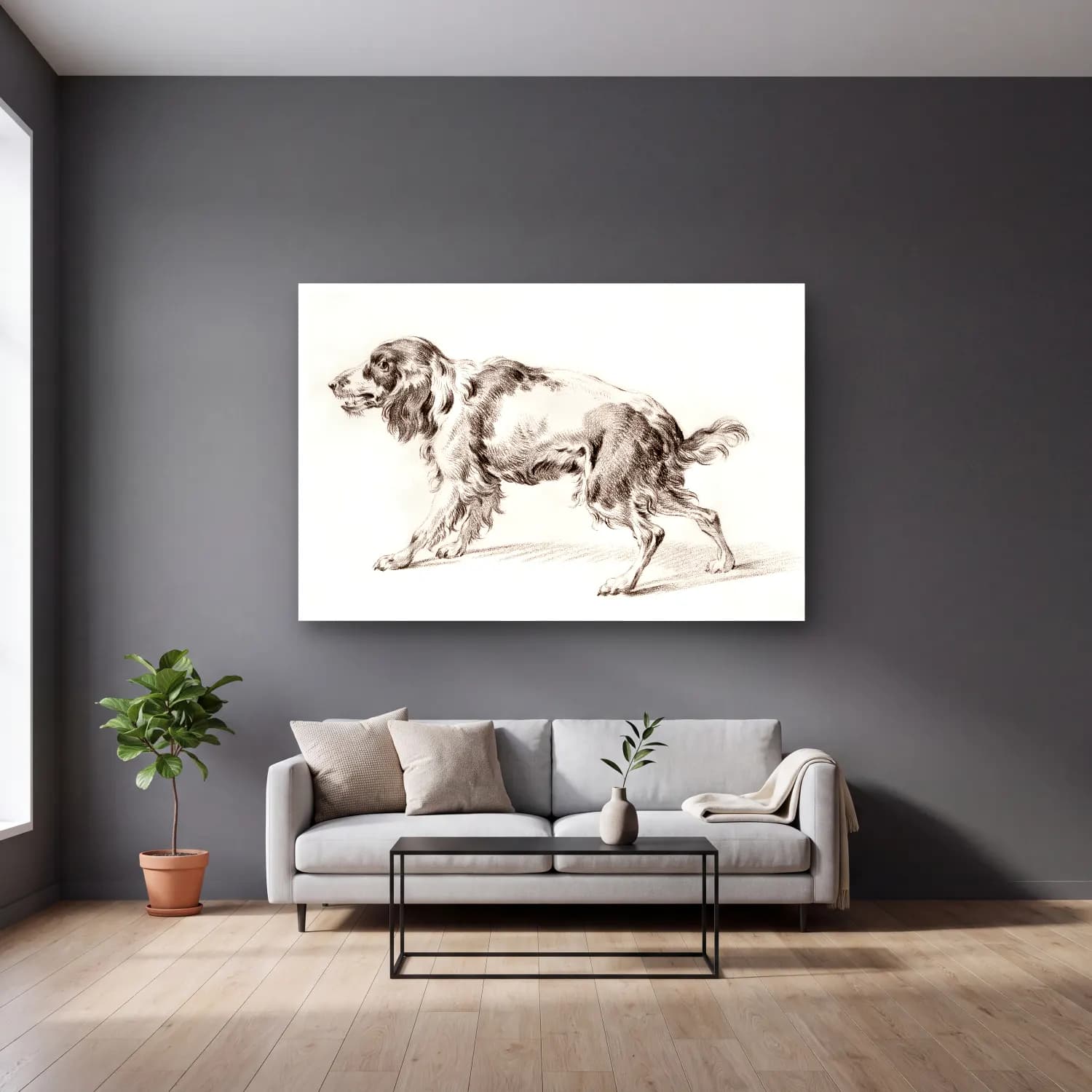 Vintage Köpek No. 15 cam tablo — gri duvarlı salonda