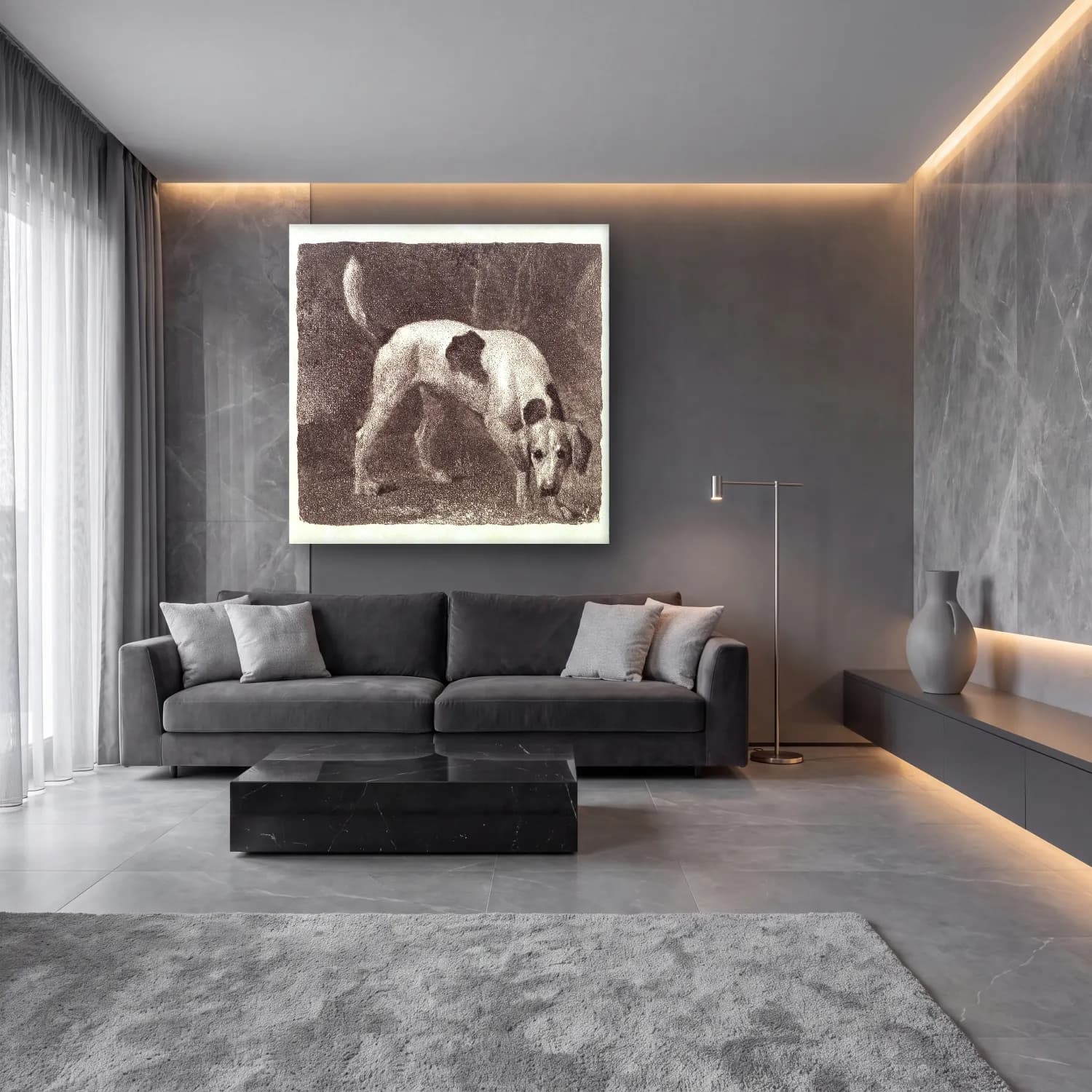 Siyah Beyaz Köpek – Siyah Beyaz Tonlar cam tablo — lüks salon duvarında