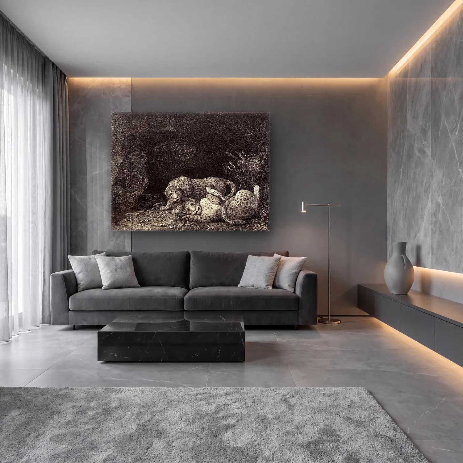 Siyah Beyaz Leopar – Siyah Beyaz Tonlar cam tablo — lüks salon duvarında