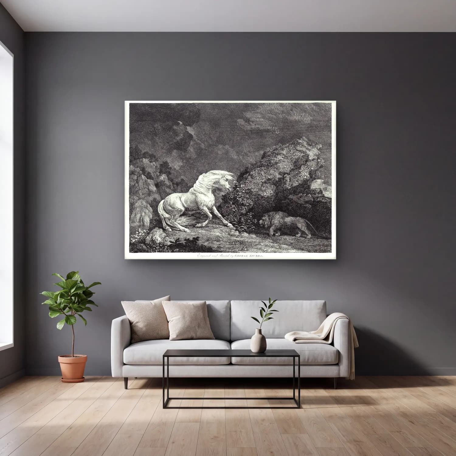 Vintage At No. 14 cam tablo — gri duvarlı salonda