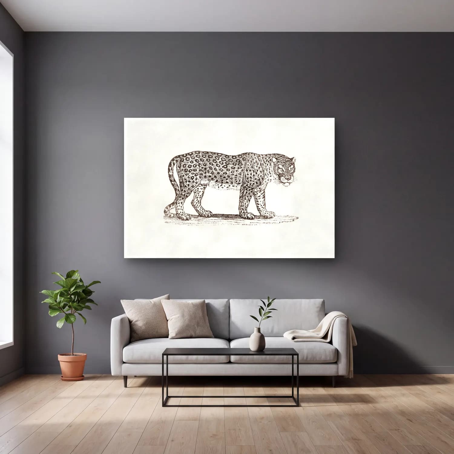 Vintage Leopar No. 5 cam tablo — gri duvarlı salonda
