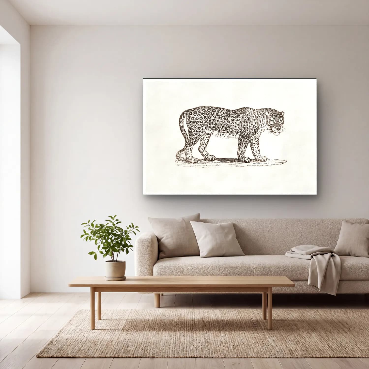 Vintage Leopar No. 5 cam tablo — açık renk salonda