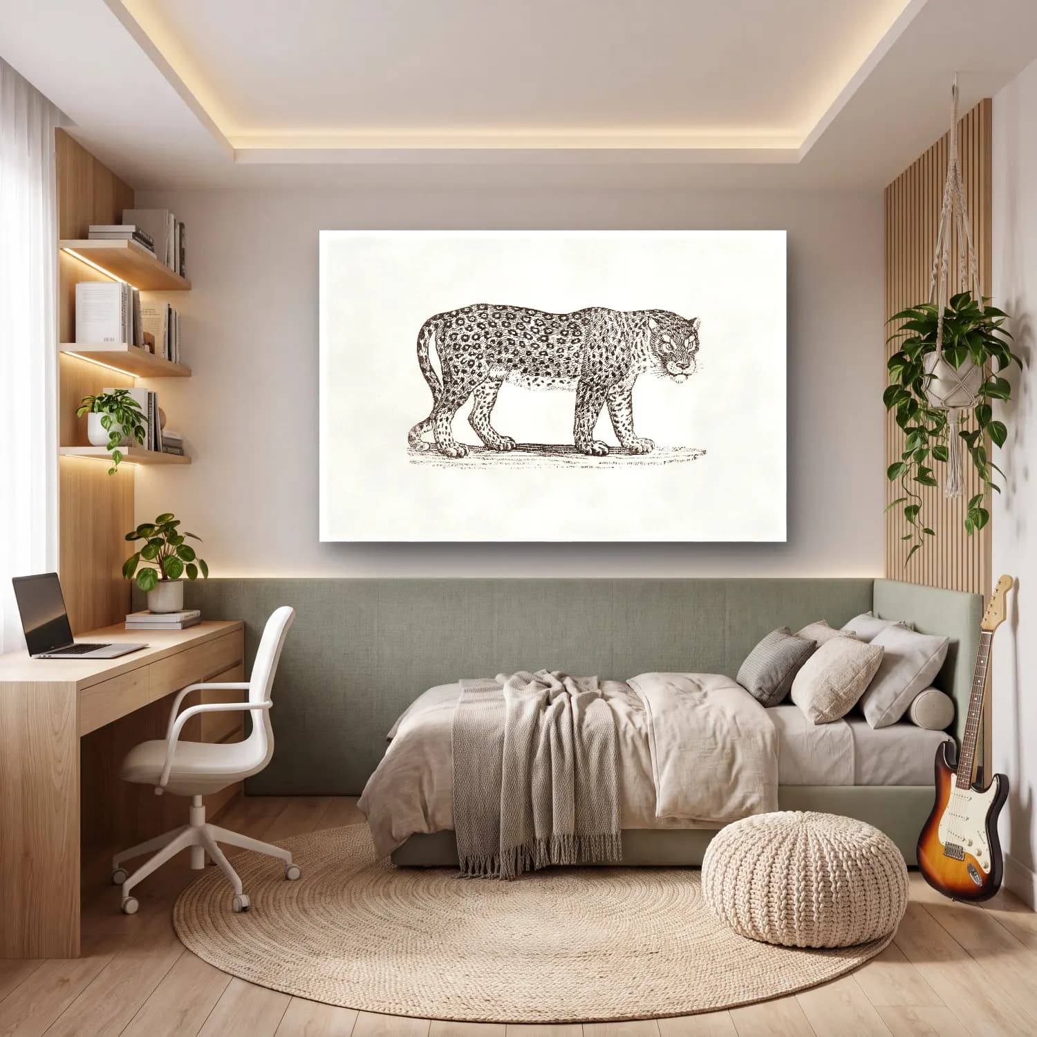 Vintage Leopar No. 5 cam tablo — genç odasında
