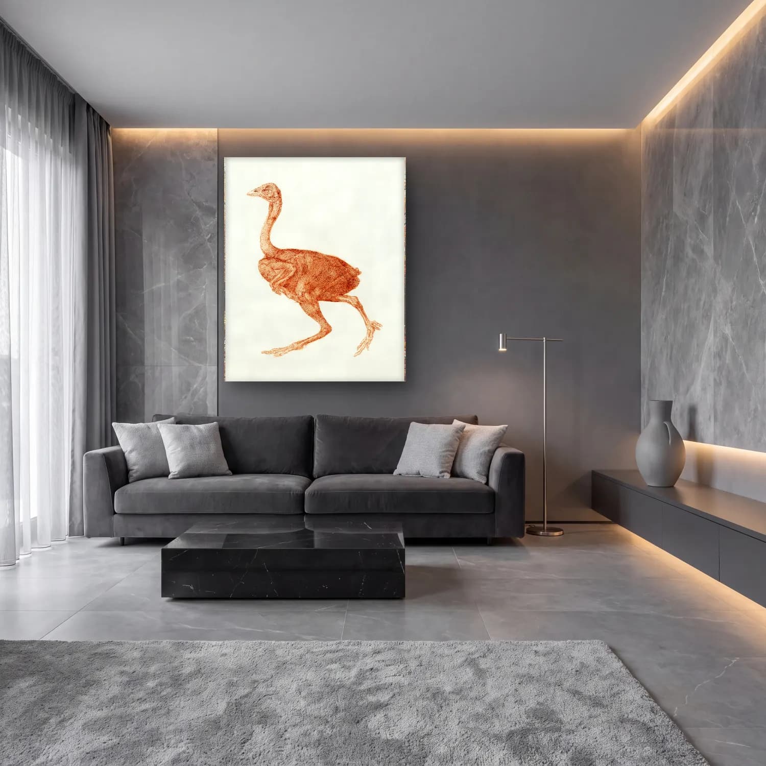 Vintage Flamingo – Siyah Beyaz Tonlar cam tablo — lüks salon duvarında