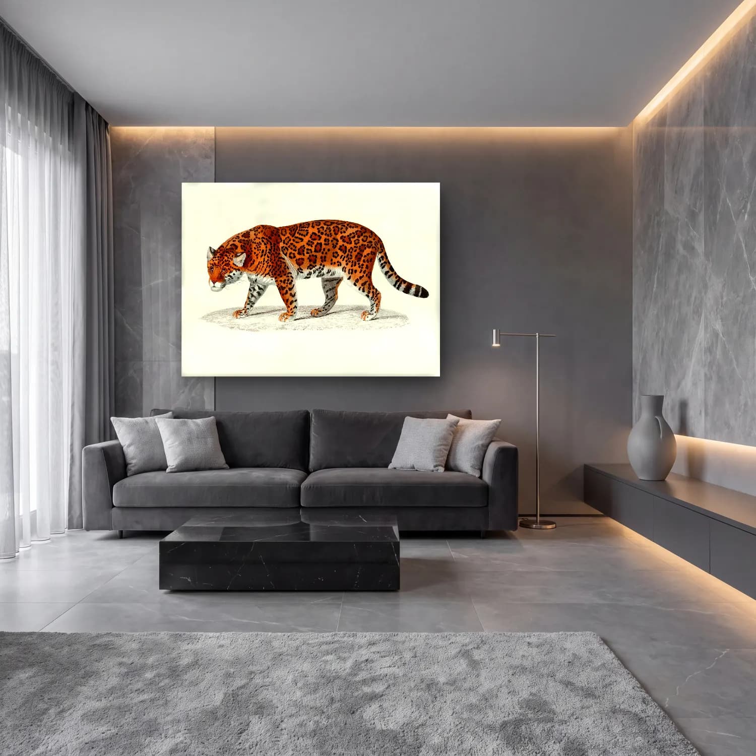 Vintage Leopar – Turuncu Tonlar cam tablo — lüks salon duvarında