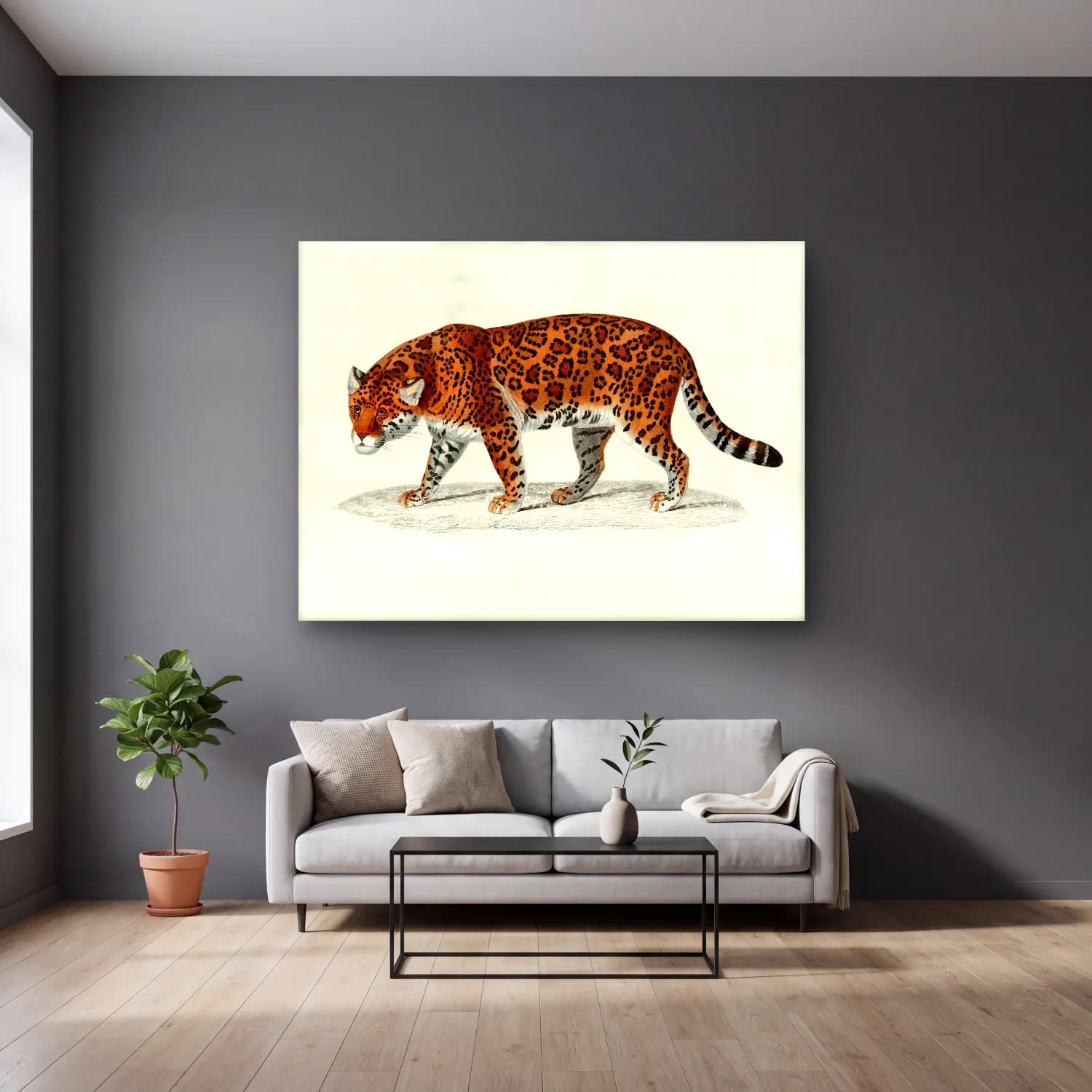 Vintage Leopar – Turuncu Tonlar cam tablo — gri duvarlı salonda