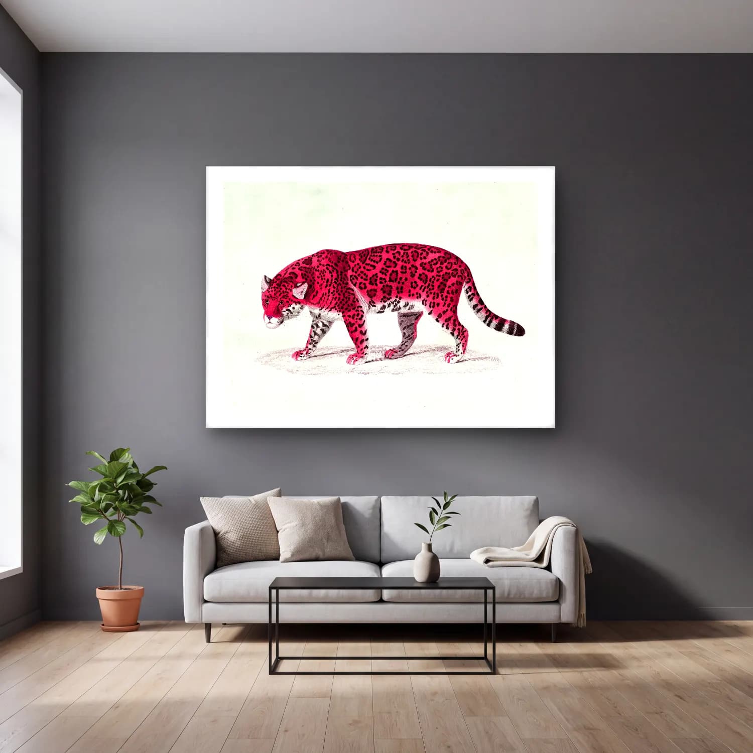 Vintage Leopar – Pembe Tonlar cam tablo — gri duvarlı salonda