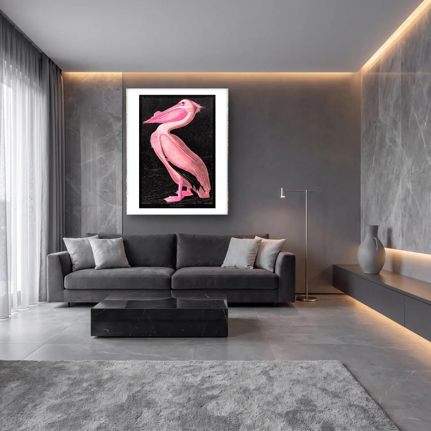 Vintage Flamingo No. 5 cam tablo — lüks salon duvarında