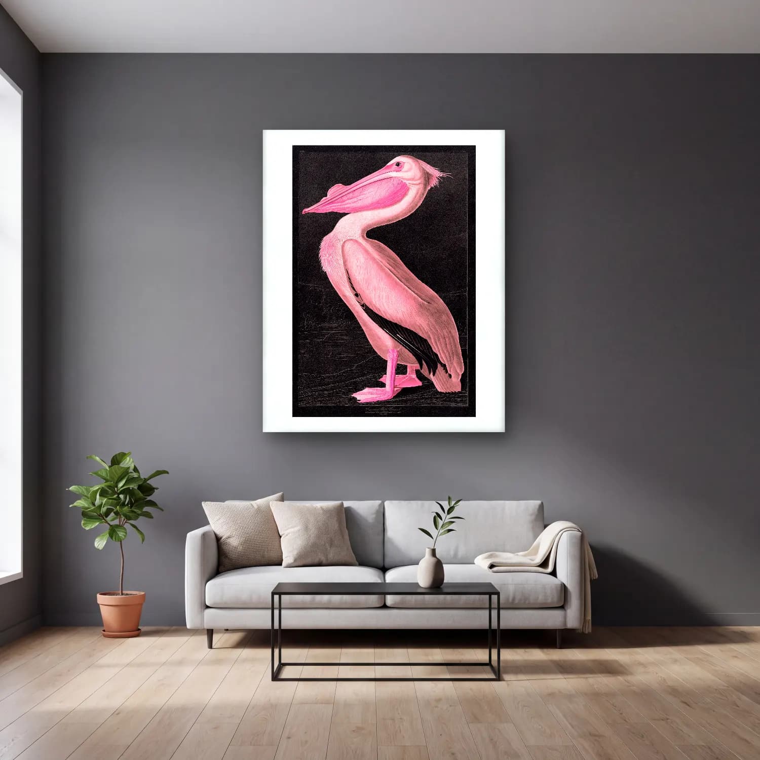 Vintage Flamingo No. 5 cam tablo — gri duvarlı salonda
