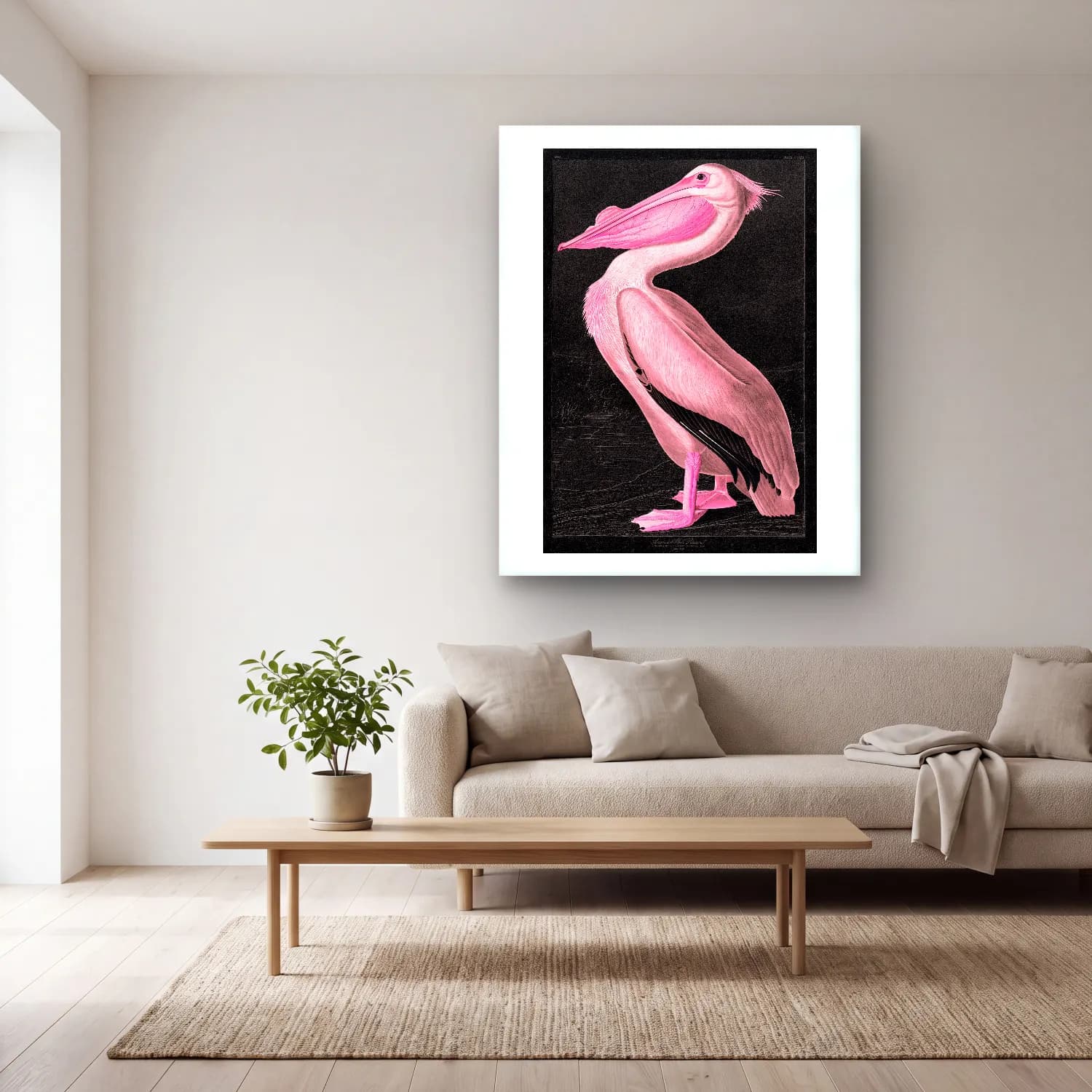 Vintage Flamingo No. 5 cam tablo — açık renk salonda