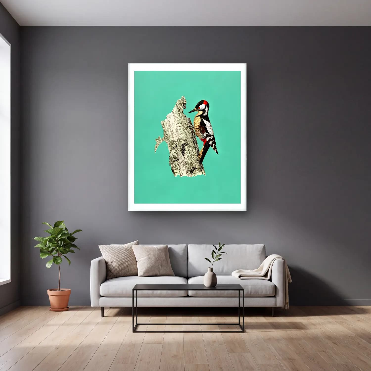 Pop Art Daldaki Kuş cam tablo — gri duvarlı salonda