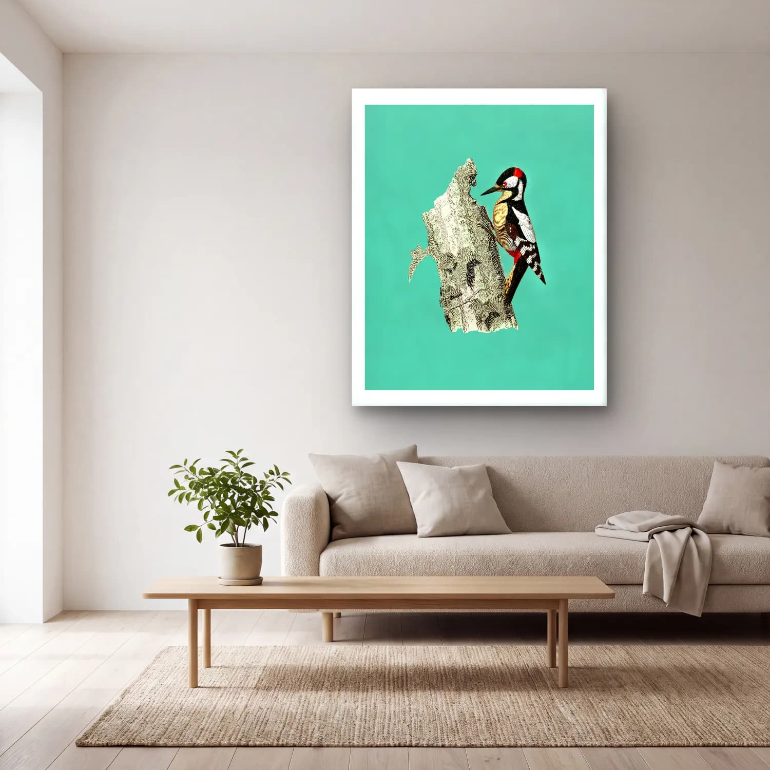 Pop Art Daldaki Kuş cam tablo — açık renk salonda