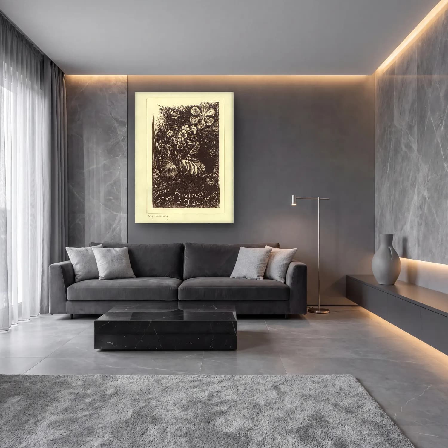 Siyah Beyaz Çiçek Bahçesi cam tablo — lüks salon duvarında