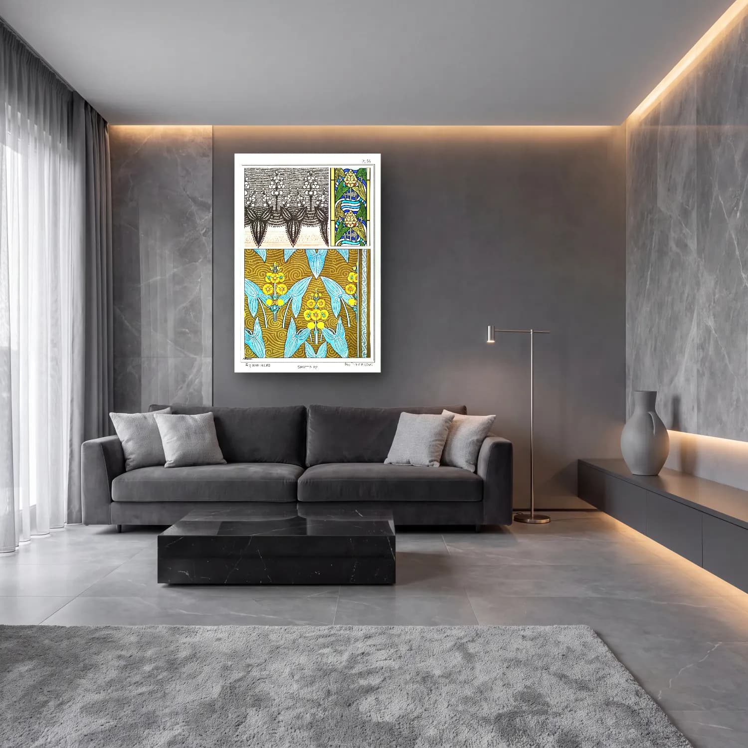 Maksimalist Çiçek Deseni No. 57 cam tablo — lüks salon duvarında