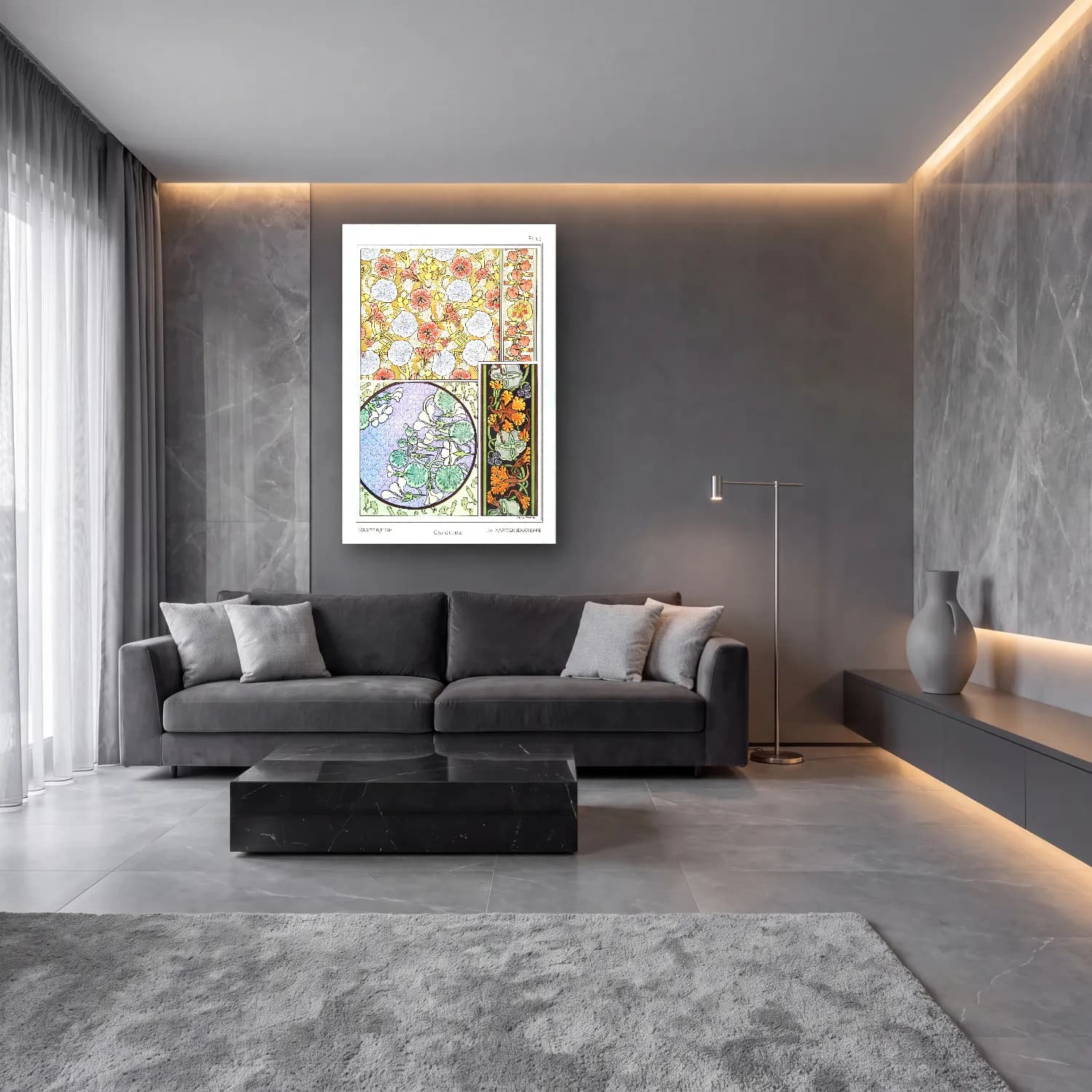 Vintage Çiçek Deseni No. 4 cam tablo — lüks salon duvarında