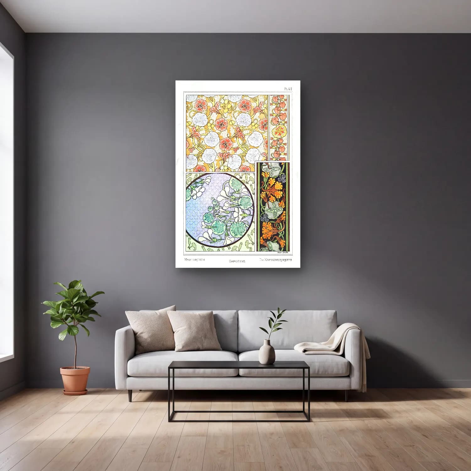 Vintage Çiçek Deseni No. 4 cam tablo — gri duvarlı salonda