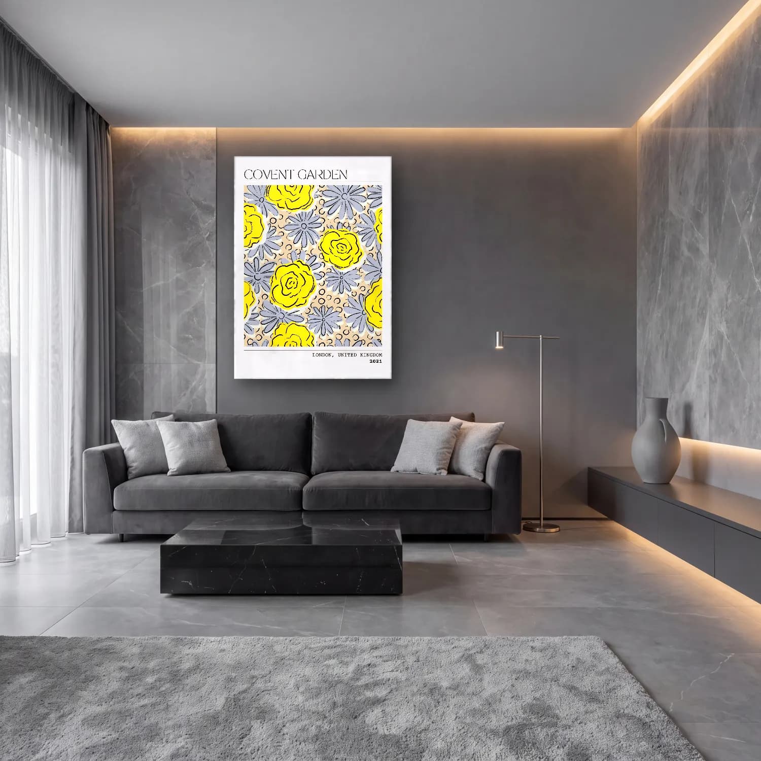 Retro Çiçek Deseni No. 108 cam tablo — lüks salon duvarında