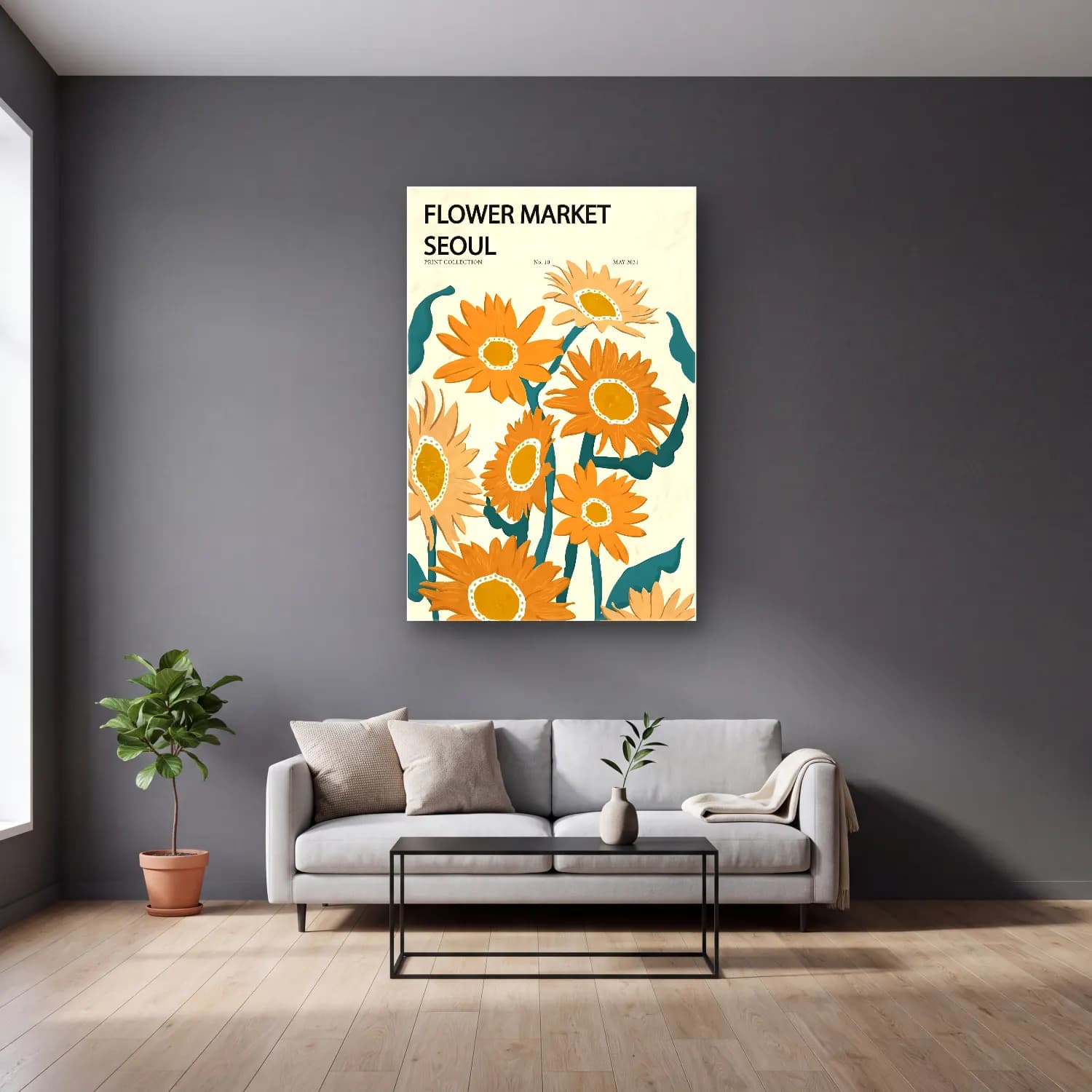 Retro Çiçek Deseni No. 111 cam tablo — gri duvarlı salonda