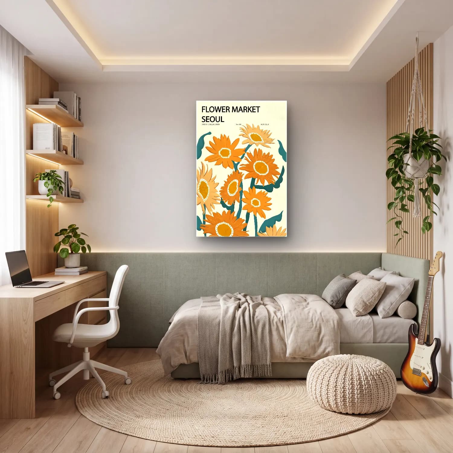 Retro Çiçek Deseni No. 111 cam tablo — genç odasında
