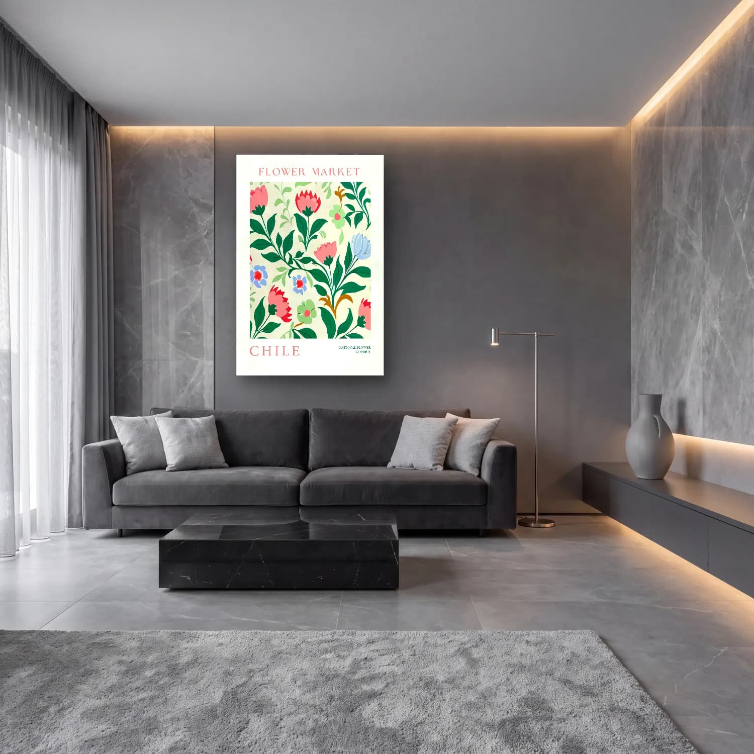 Pastel Çiçek Deseni No. 75 cam tablo — lüks salon duvarında