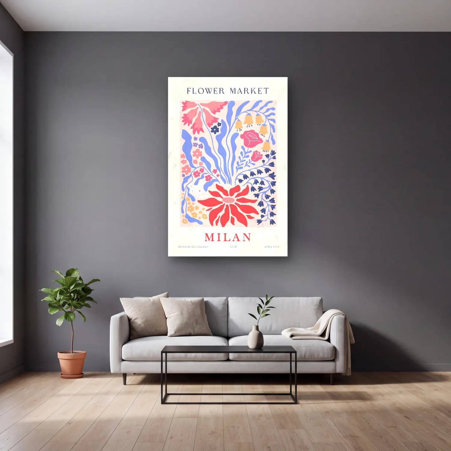 Pastel Çiçek Deseni No. 60 cam tablo — gri duvarlı salonda