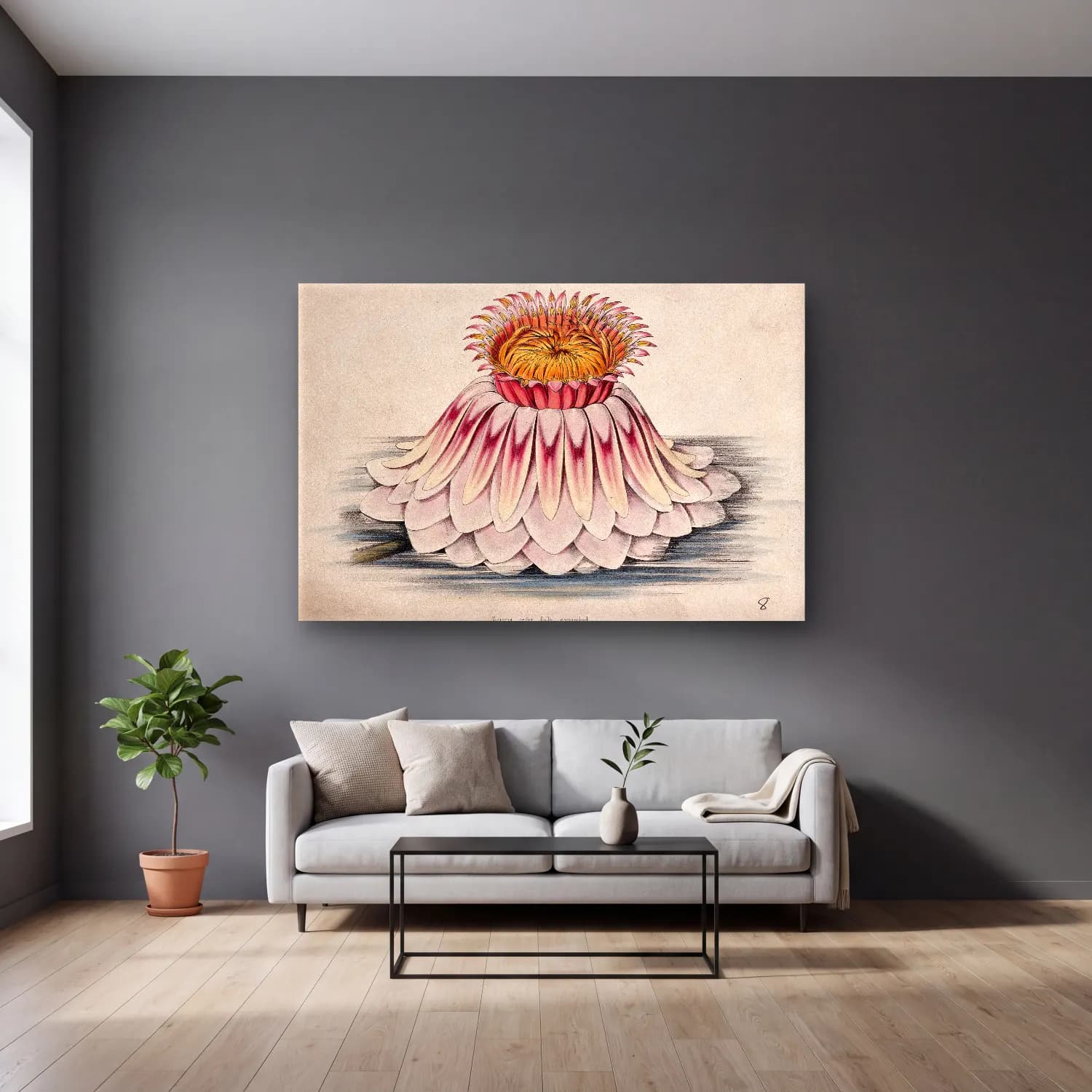 Botanik İllüstrasyon Lotus Çiçekleri No. 15 cam tablo — gri duvarlı salonda
