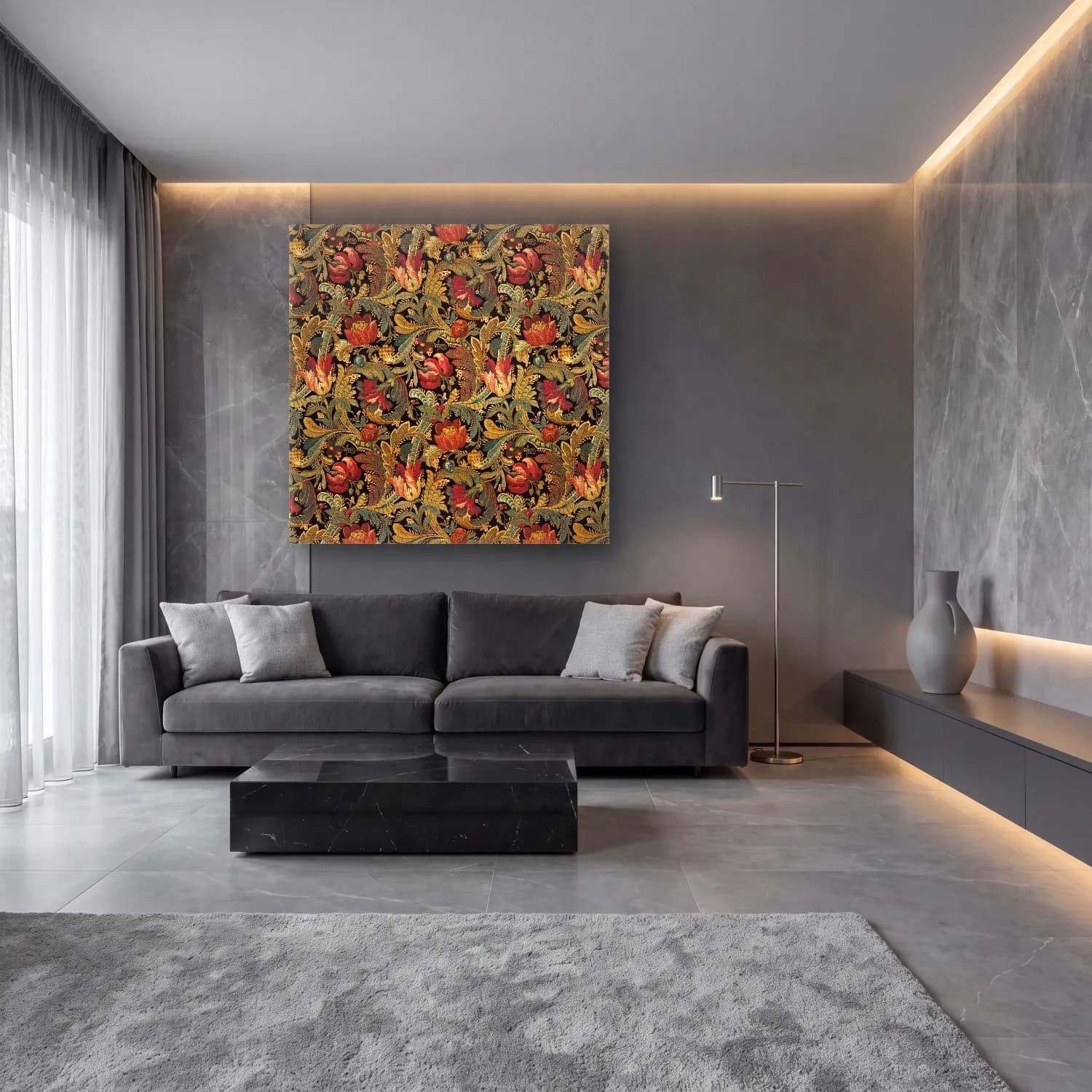 Maksimalist Çiçek Deseni No. 60 cam tablo — lüks salon duvarında