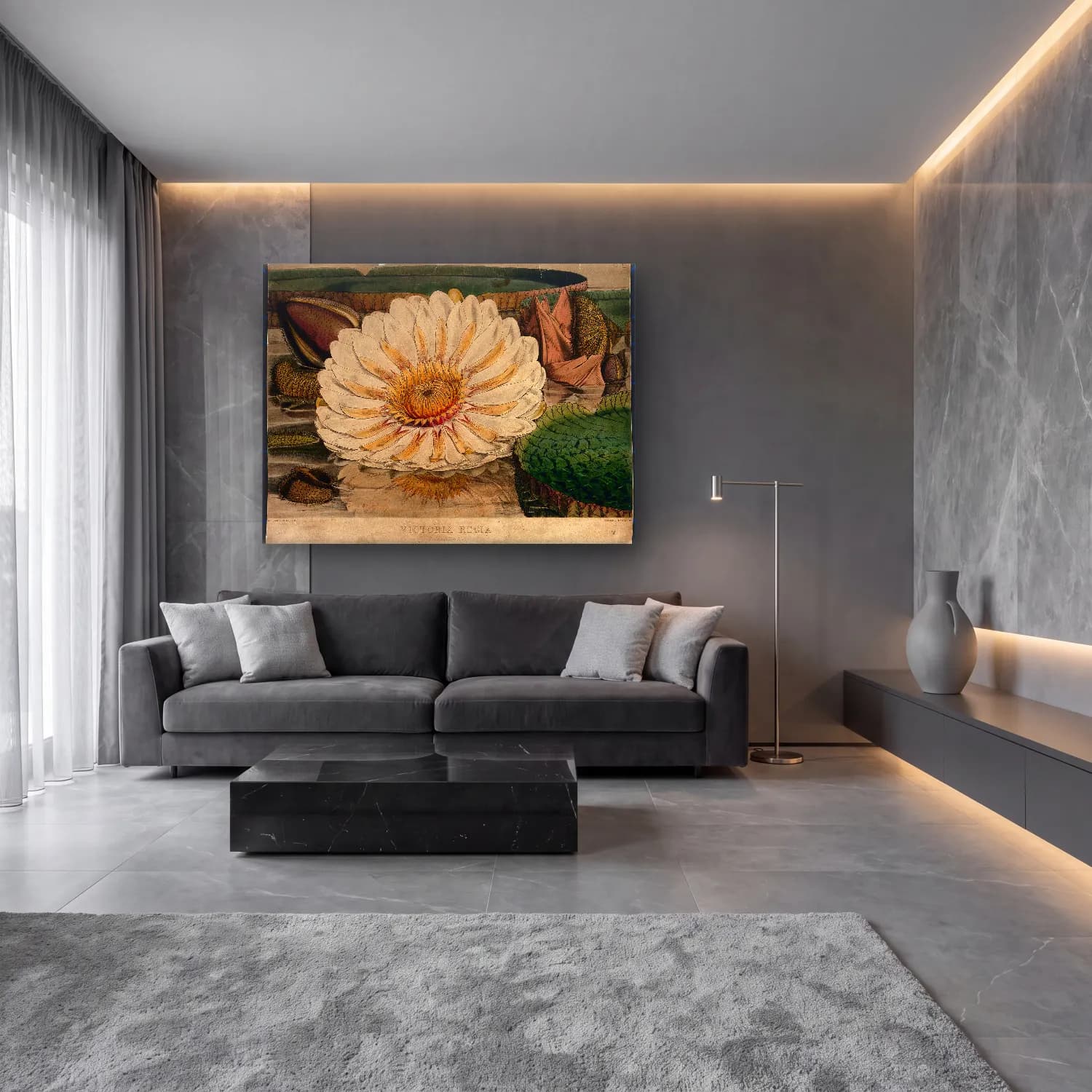 Botanik İllüstrasyon Lotus Çiçekleri No. 16 cam tablo — lüks salon duvarında