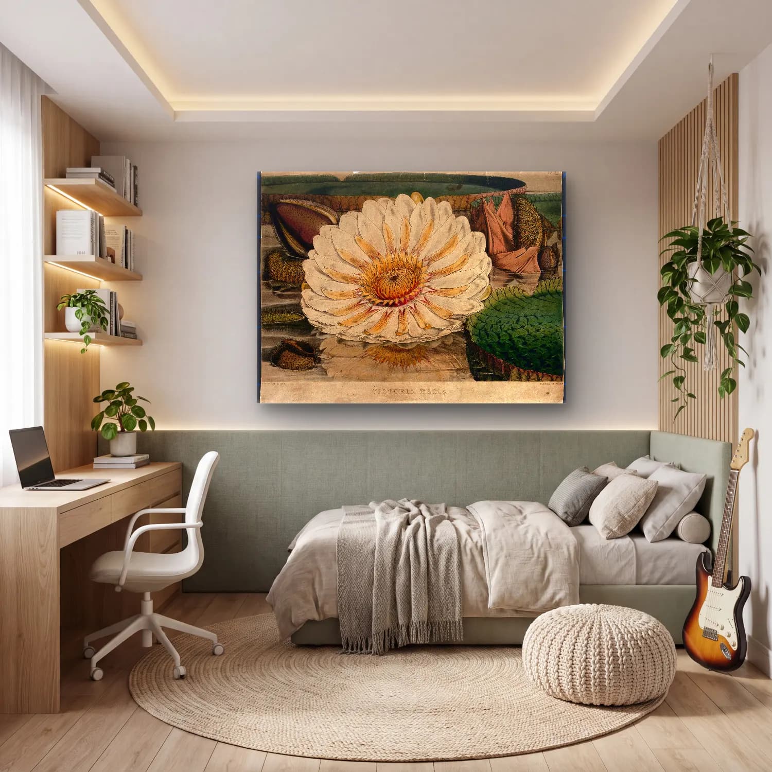 Botanik İllüstrasyon Lotus Çiçekleri No. 16 cam tablo — genç odasında