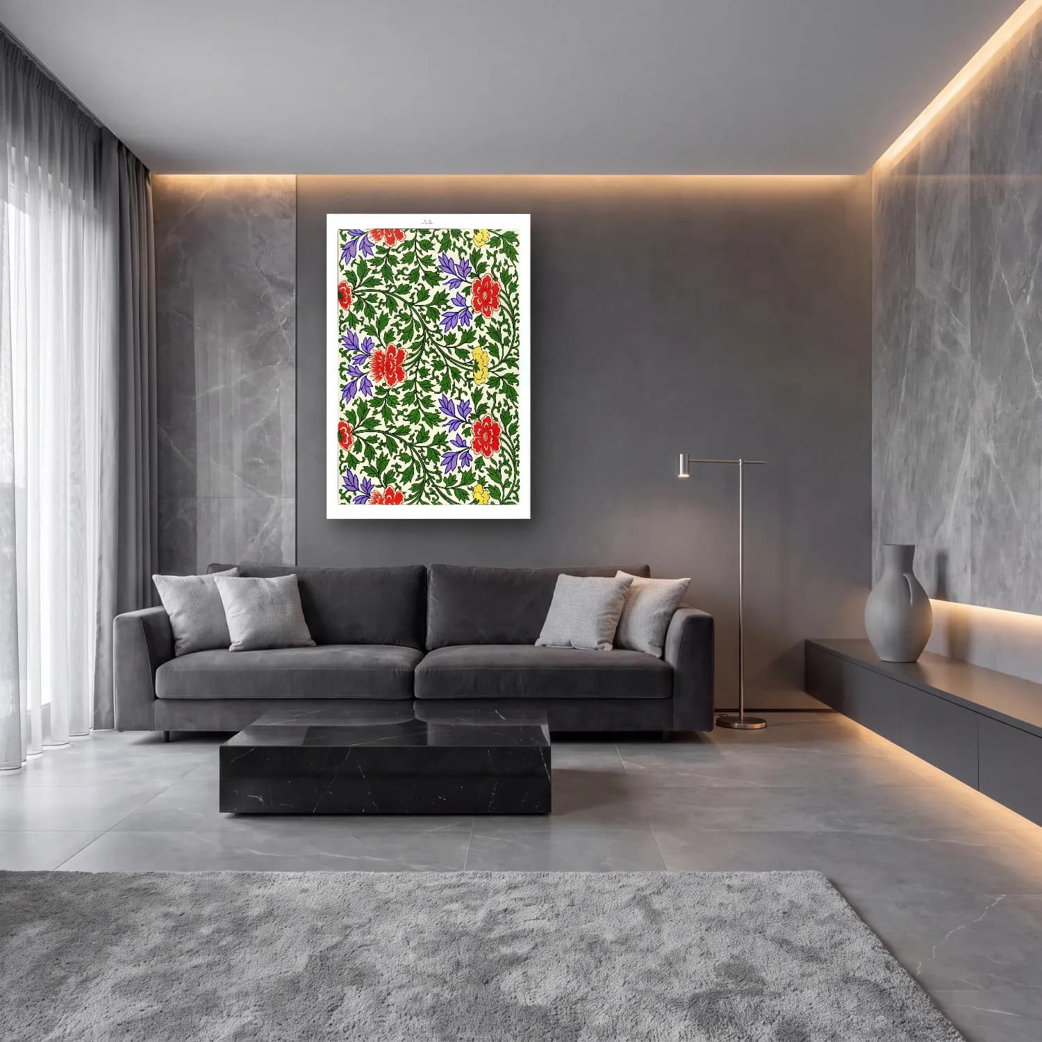 Maksimalist Çiçek Deseni No. 61 cam tablo — lüks salon duvarında