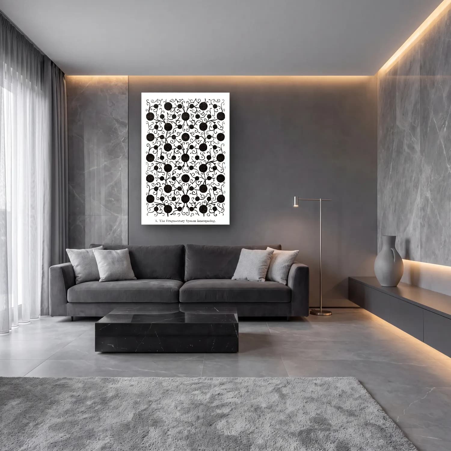 Siyah Beyaz Çiçek Deseni No. 12 cam tablo — lüks salon duvarında