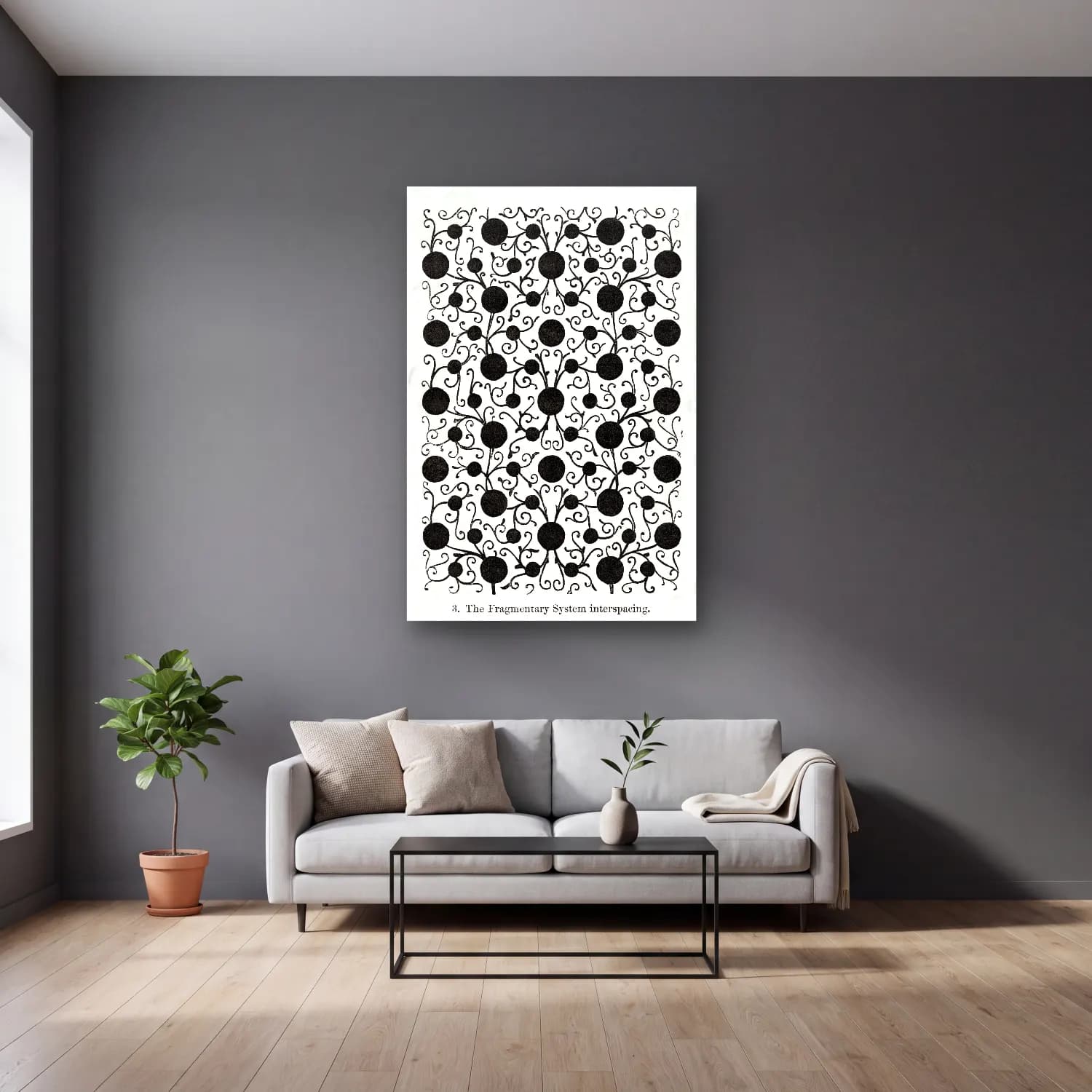 Siyah Beyaz Çiçek Deseni No. 12 cam tablo — gri duvarlı salonda