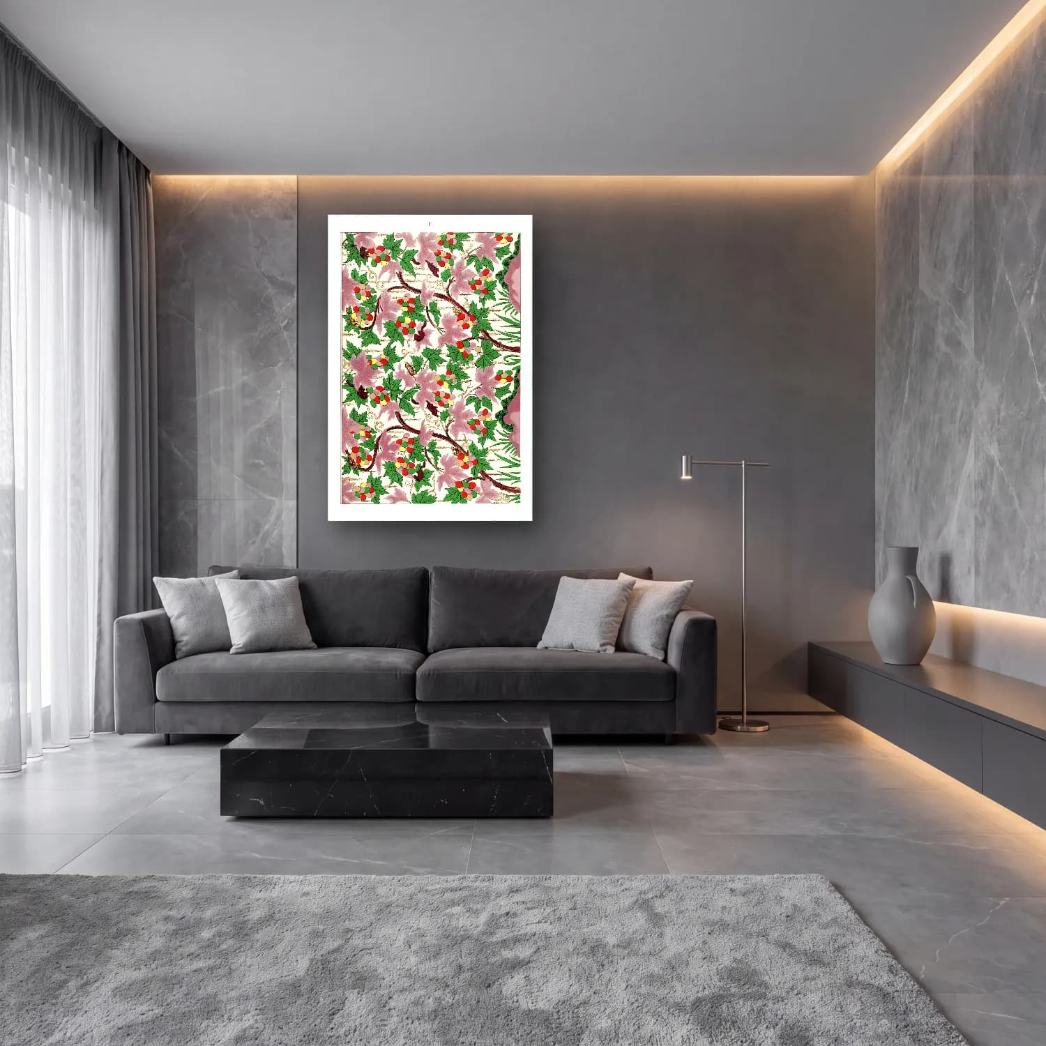 Maksimalist Çiçek Deseni No. 62 cam tablo — lüks salon duvarında