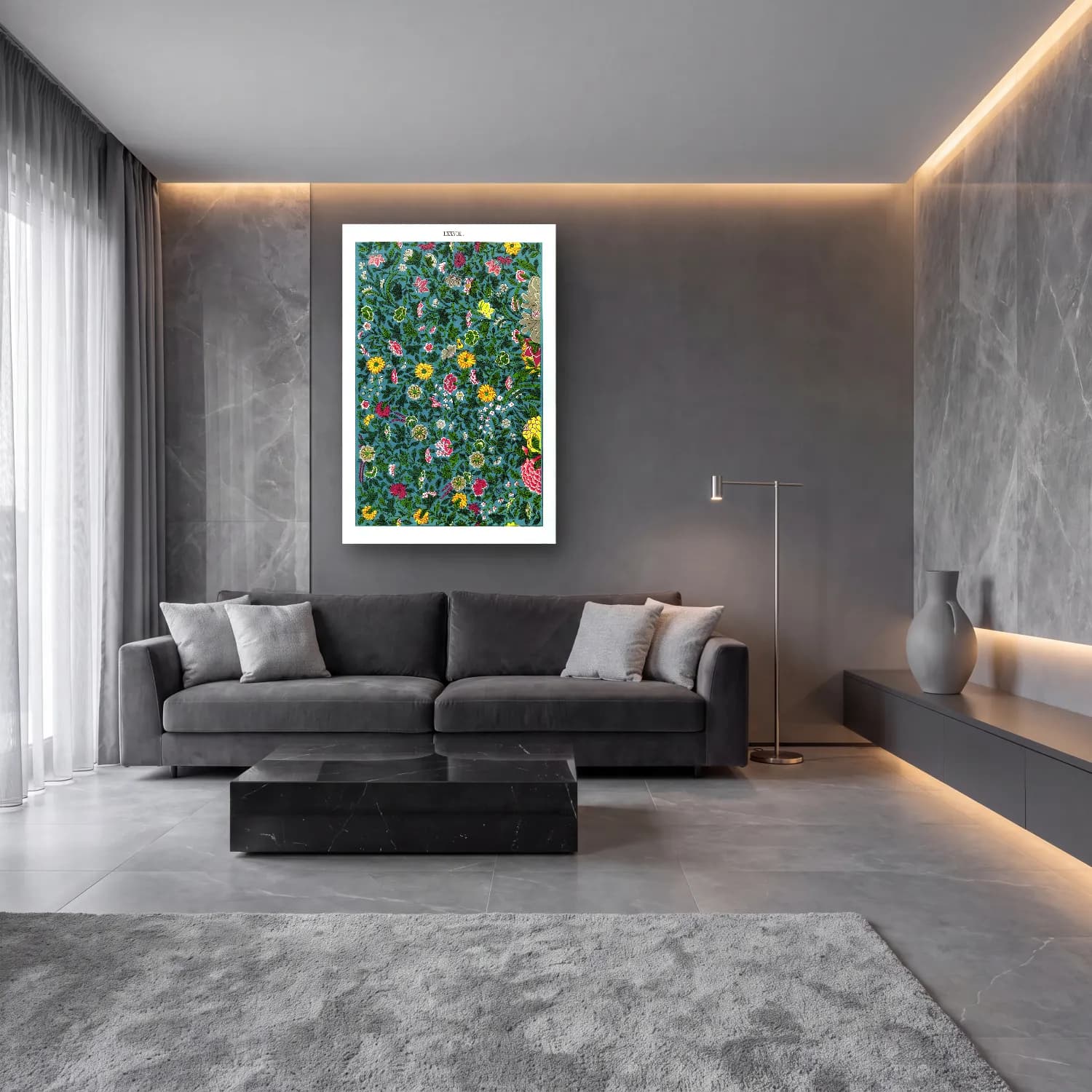 Maksimalist Çiçek Deseni No. 63 cam tablo — lüks salon duvarında