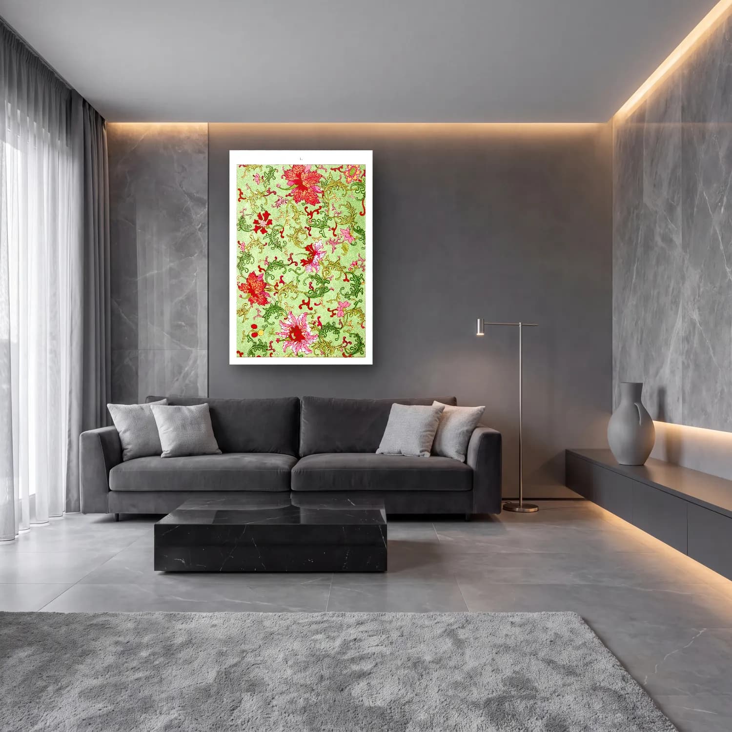 Pastel Çiçek Deseni No. 79 cam tablo — lüks salon duvarında