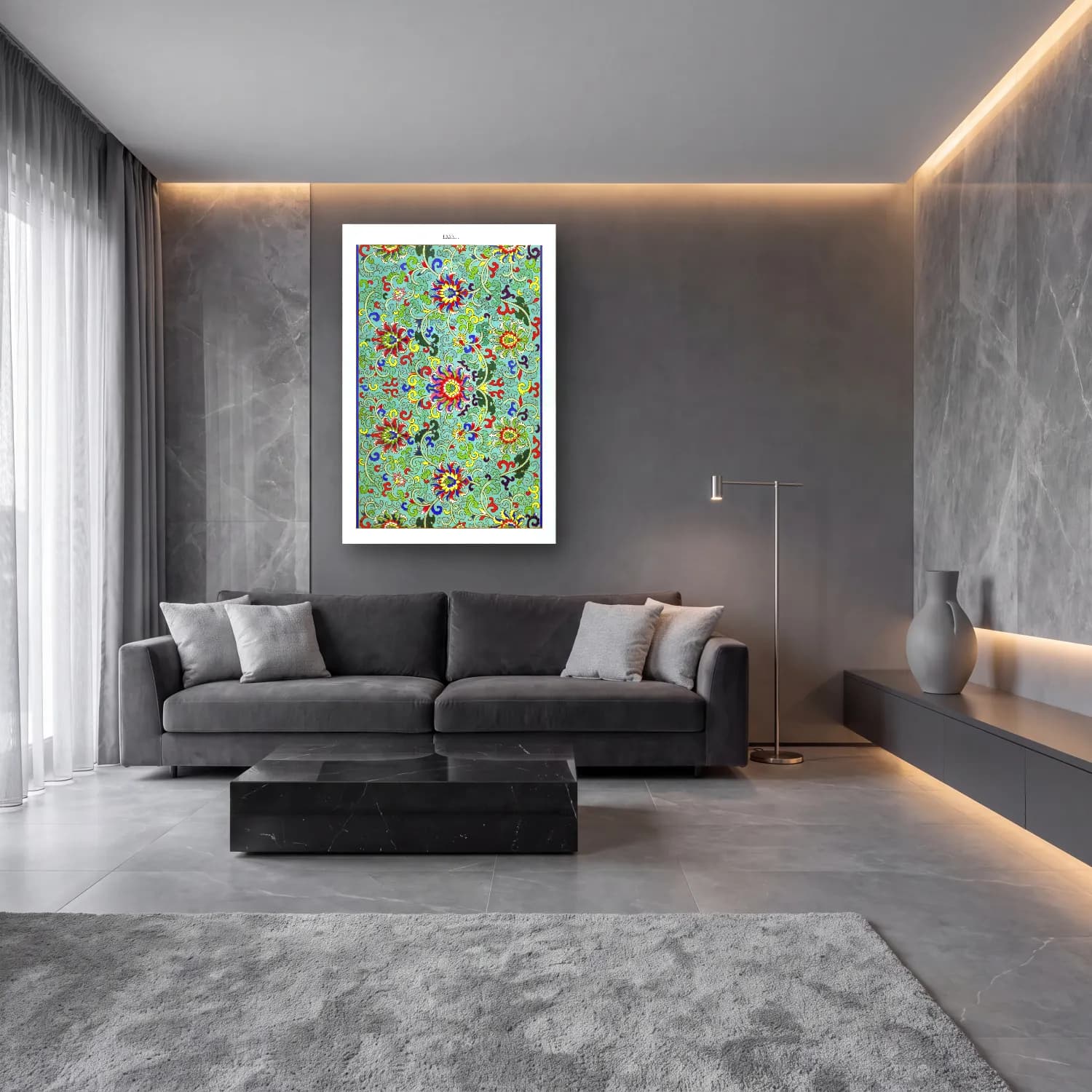 Maksimalist Çiçek Deseni No. 64 cam tablo — lüks salon duvarında