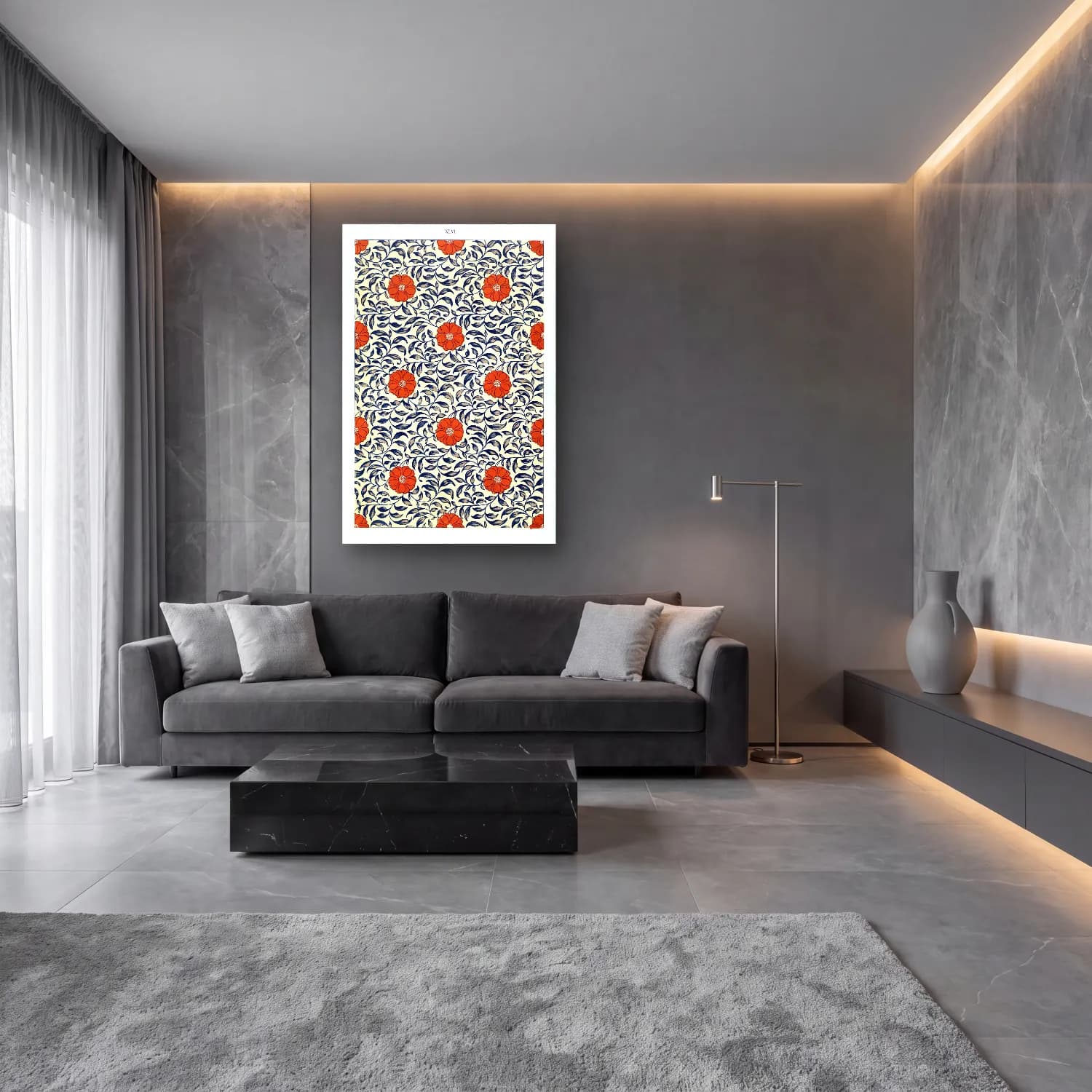 Retro Çiçek Deseni No. 116 cam tablo — lüks salon duvarında