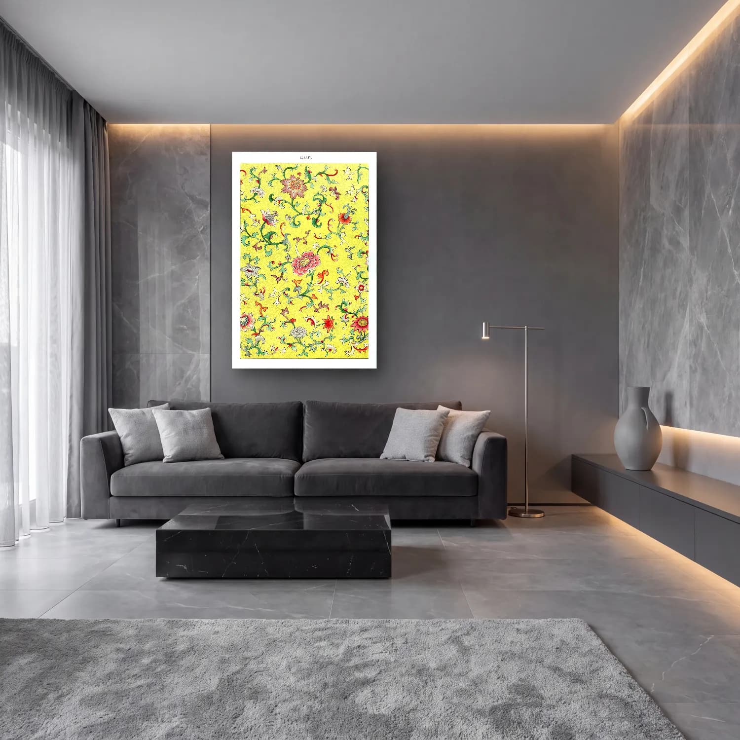 Pastel Çiçek Deseni No. 80 cam tablo — lüks salon duvarında