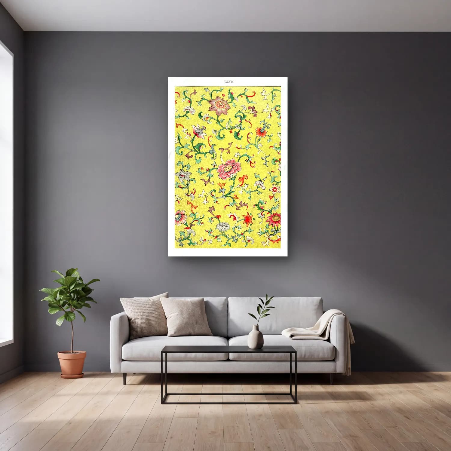Pastel Çiçek Deseni No. 80 cam tablo — gri duvarlı salonda