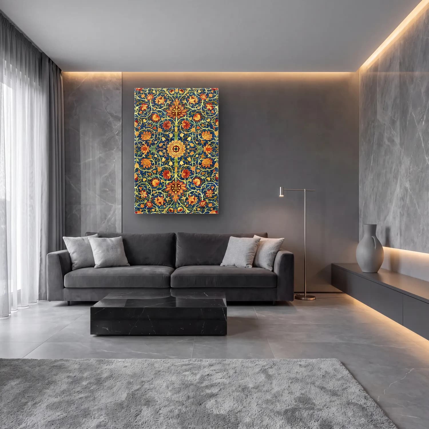 Maksimalist Çiçek Deseni No. 66 cam tablo — lüks salon duvarında