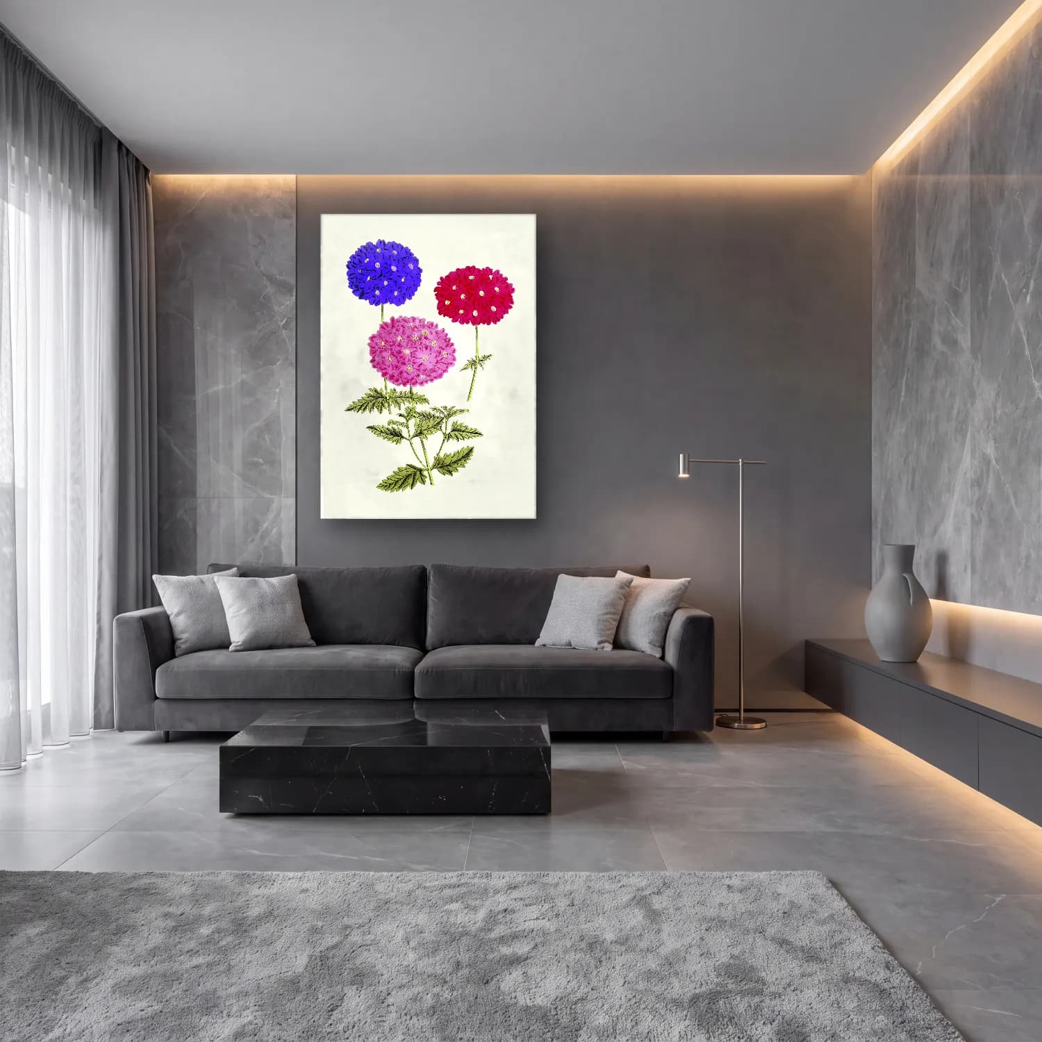 Botanik İllüstrasyon Ortancalar – Pembe Tonlar cam tablo — lüks salon duvarında