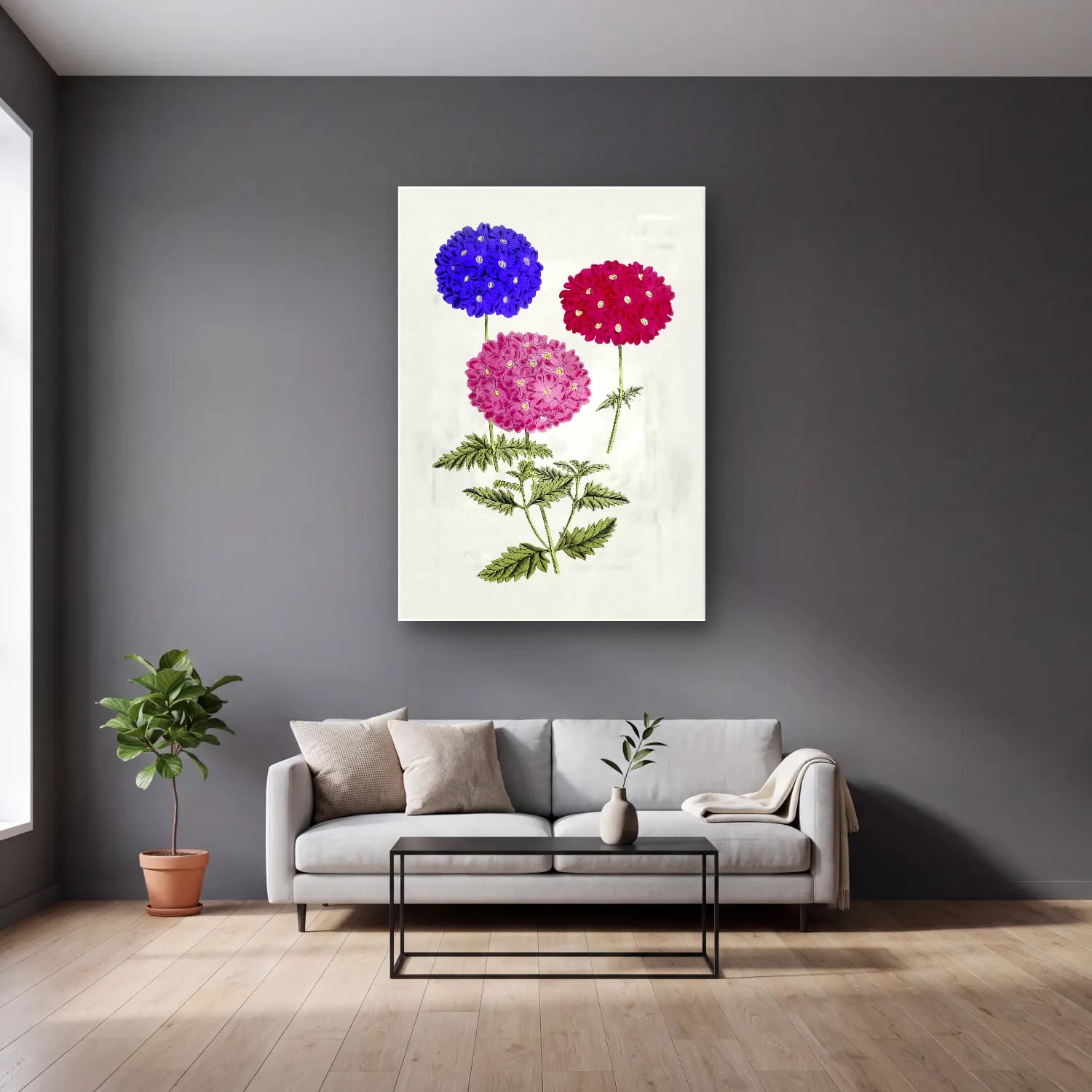 Botanik İllüstrasyon Ortancalar – Pembe Tonlar cam tablo — gri duvarlı salonda
