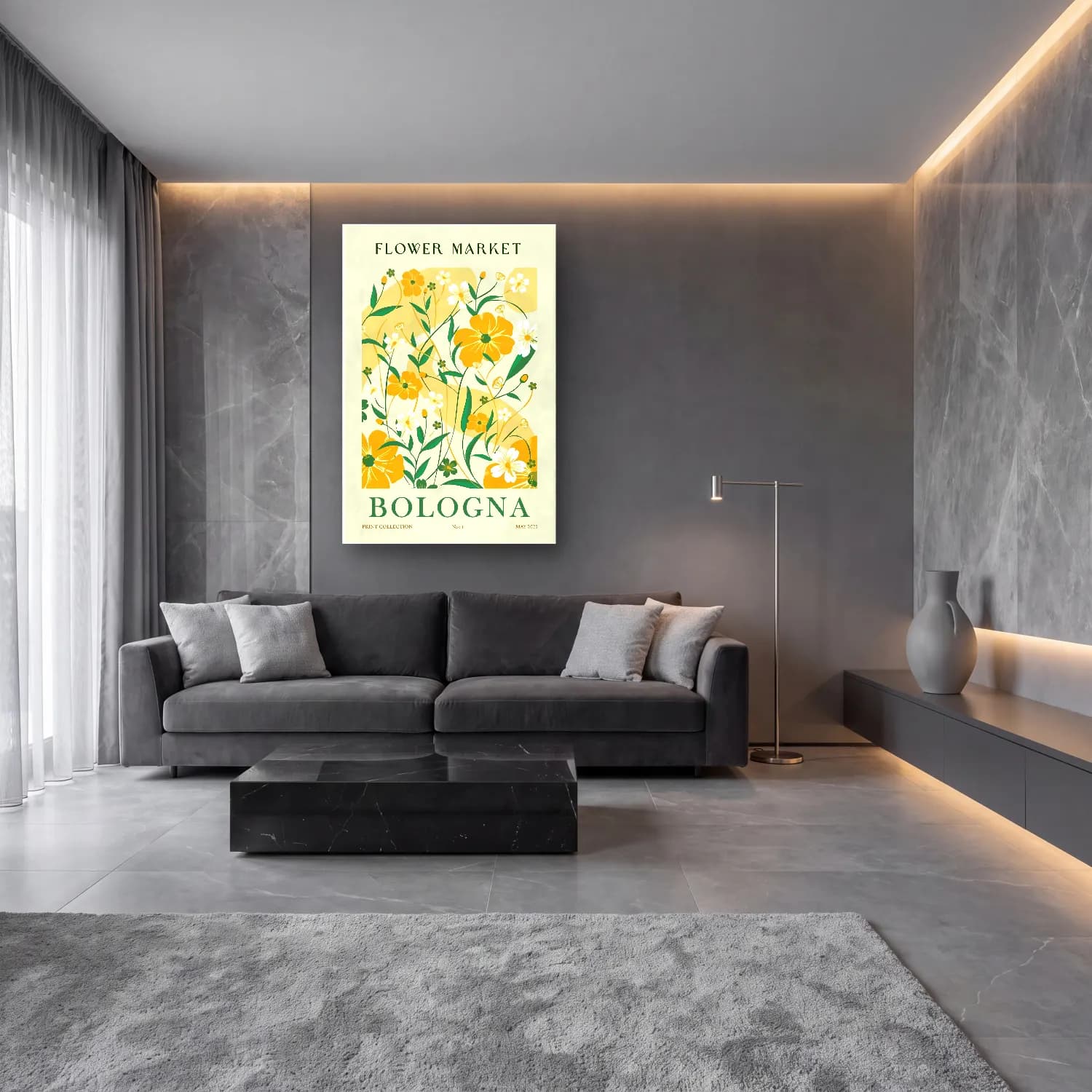 Retro Çiçek Deseni No. 117 cam tablo — lüks salon duvarında