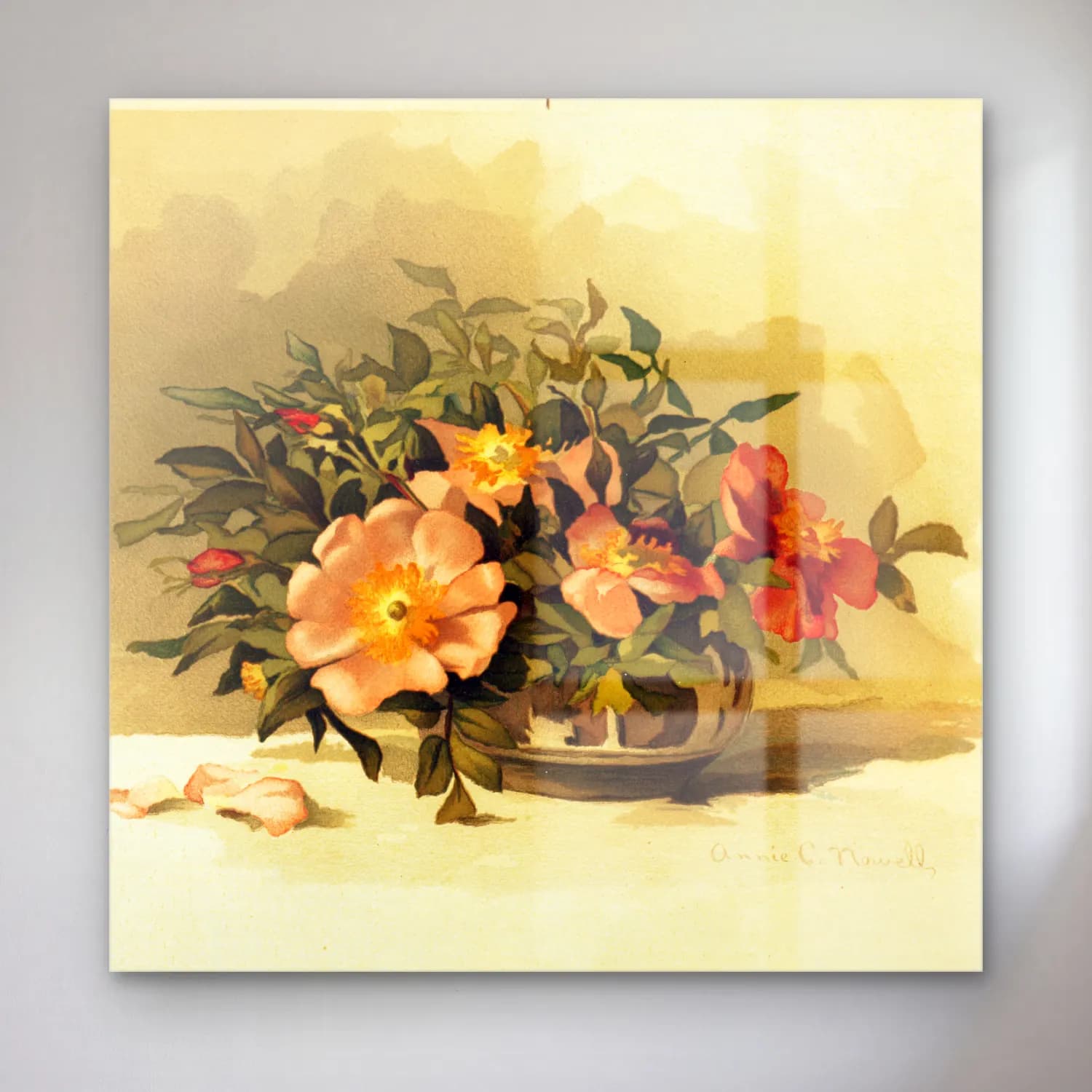 Vintage Vazoda Çiçek Buketi – Pembe Tonlar cam tablo — Vintage Vazoda Çiçek Buketi – Pembe Tonlar — vintage vazoda çiçek buketi
