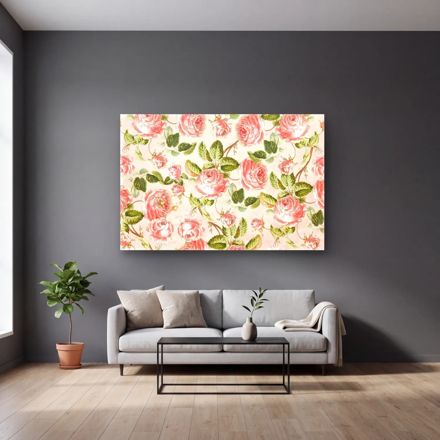 Pastel Çiçek Deseni No. 85 cam tablo — gri duvarlı salonda