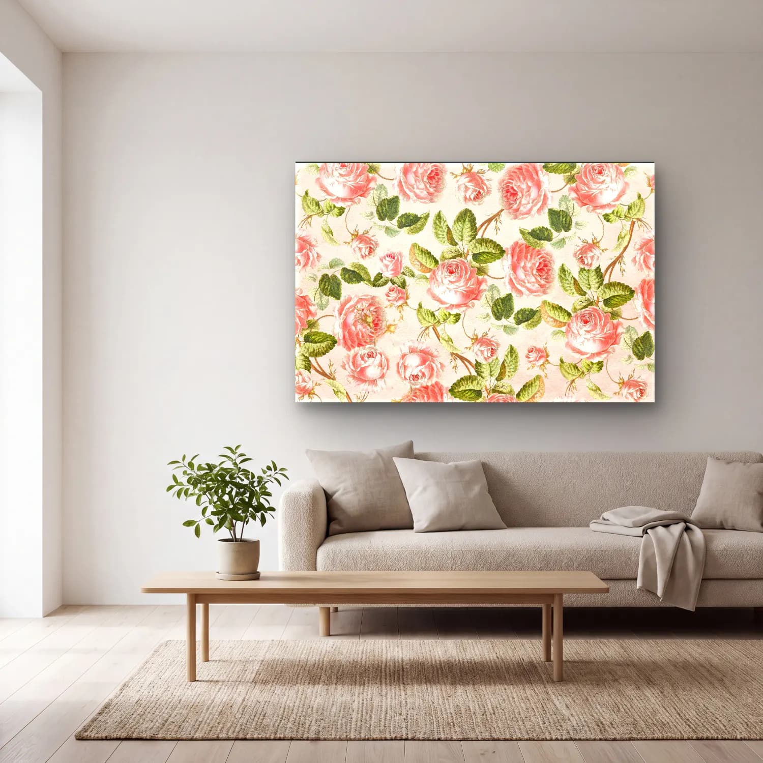Pastel Çiçek Deseni No. 85 cam tablo — açık renk salonda