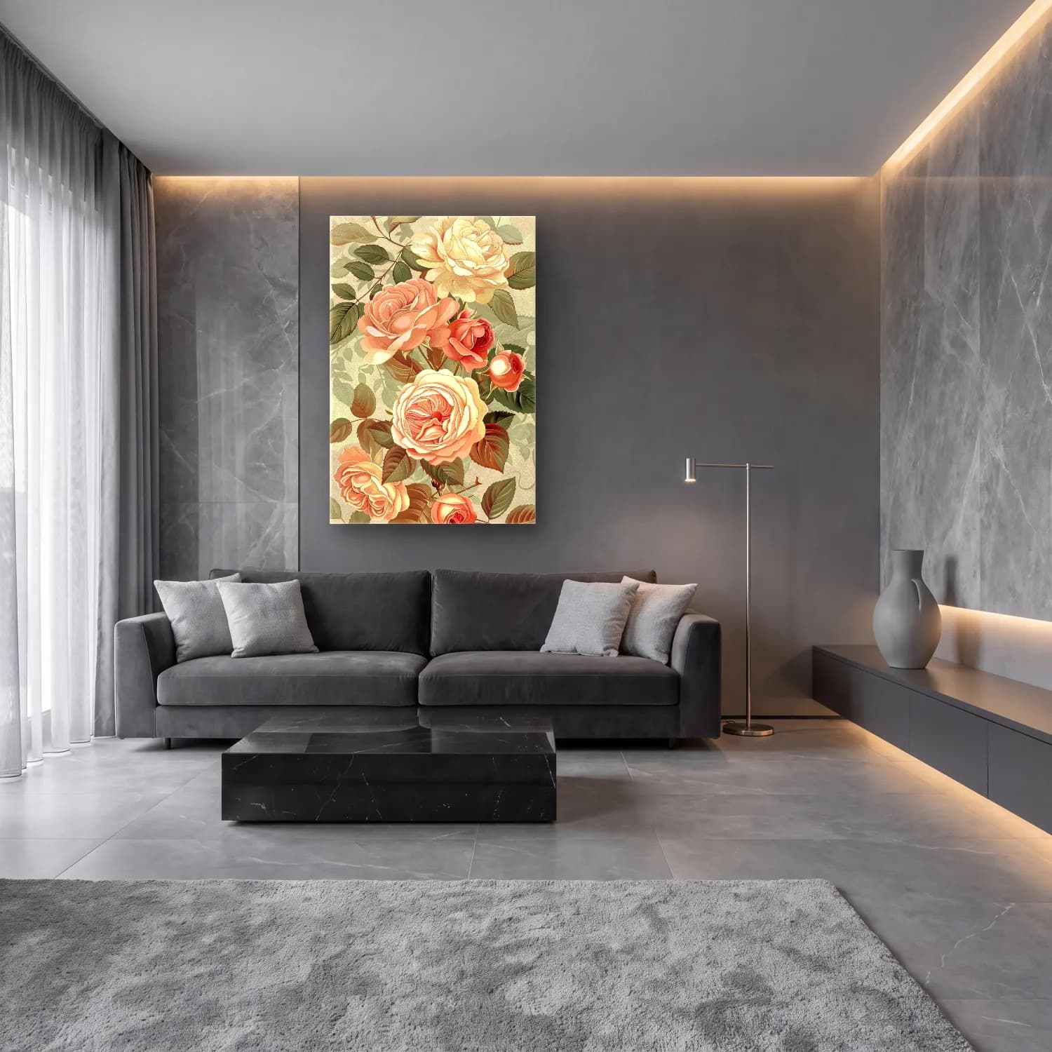 Pastel Güller No. 11 cam tablo — lüks salon duvarında